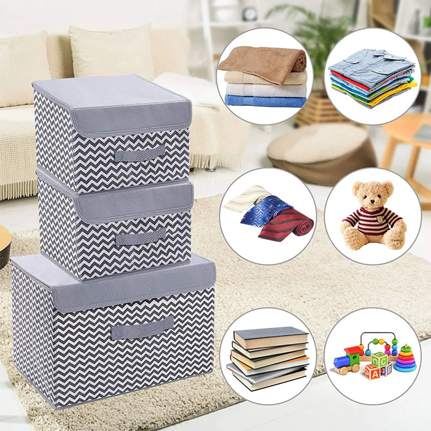 House of Quirk 3 Pack Foldable Storage Bin with Lid and Handle, Versatile Storage Baskets Boxes for Toys, Clothes, Papers, Books, Makeups (Wave, Grey)