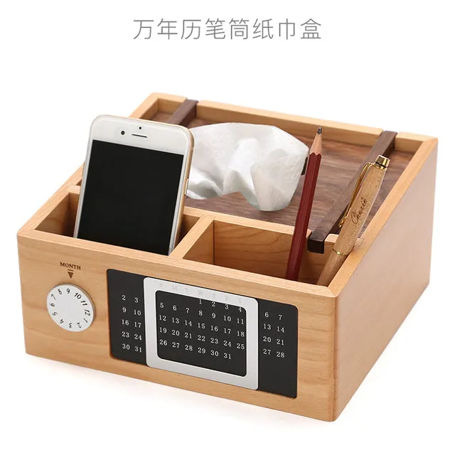 JUH Home Office Storage Box Wooden Stationary Organizer Desktop Calendar Office Organize Pen Pencil Container with Tissue Boxes