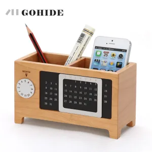 JUH Home Office Storage Box Wooden Stationary Organizer Desktop Calendar Office Organize Pen Pencil Container with Tissue Boxes