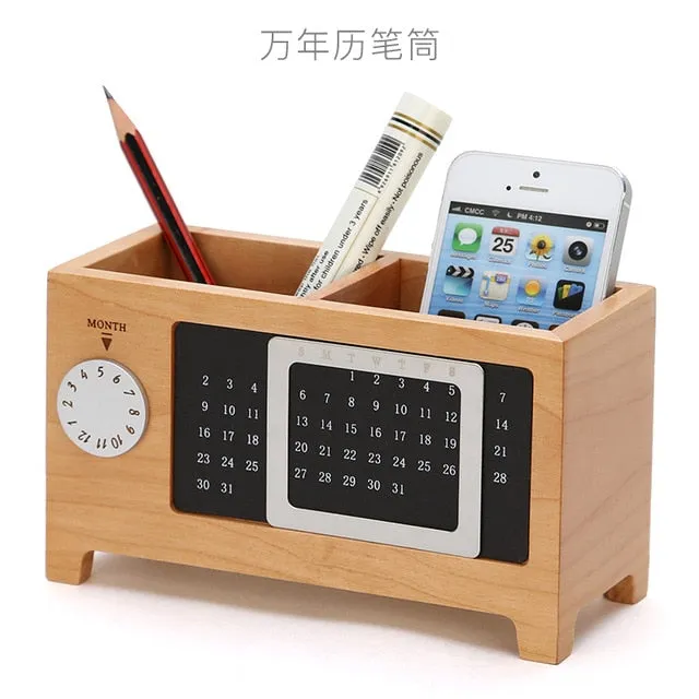 JUH Home Office Storage Box Wooden Stationary Organizer Desktop Calendar Office Organize Pen Pencil Container with Tissue Boxes