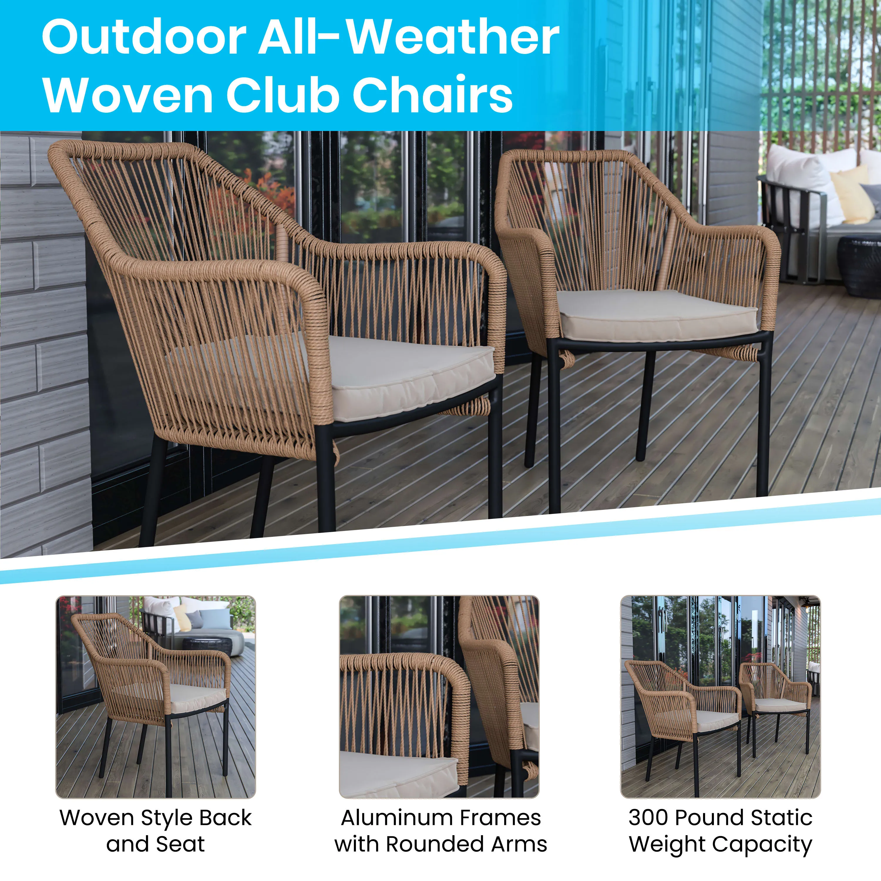 Kallie Set of 2 Aluminum Framed Stackable All-Weather Woven Club Chairs with Rounded Arms & Zippered Seat Cushions