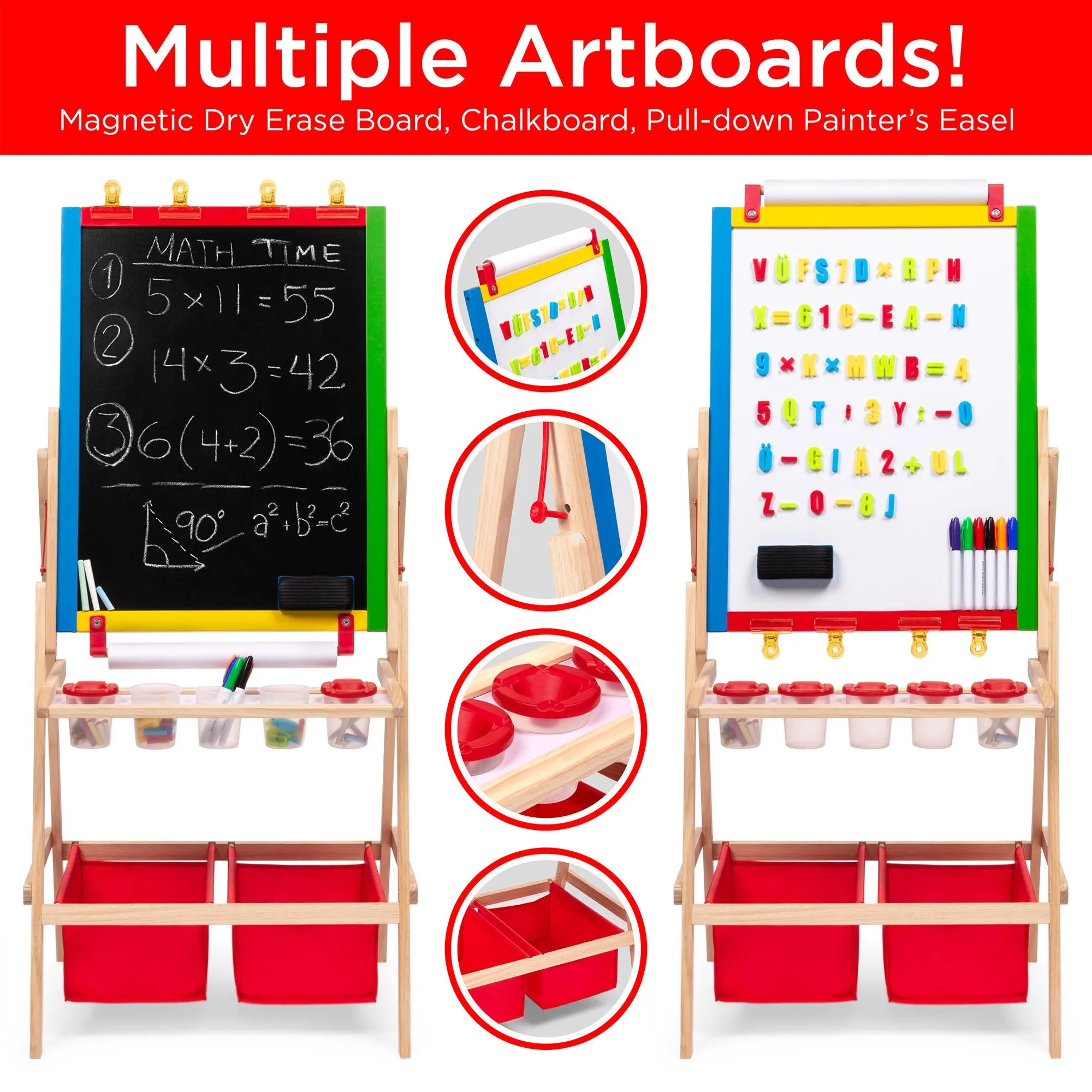 Kids Double-Sided Easel w/ Chalkboard, Whiteboard, Paper Roll, Art Supplies