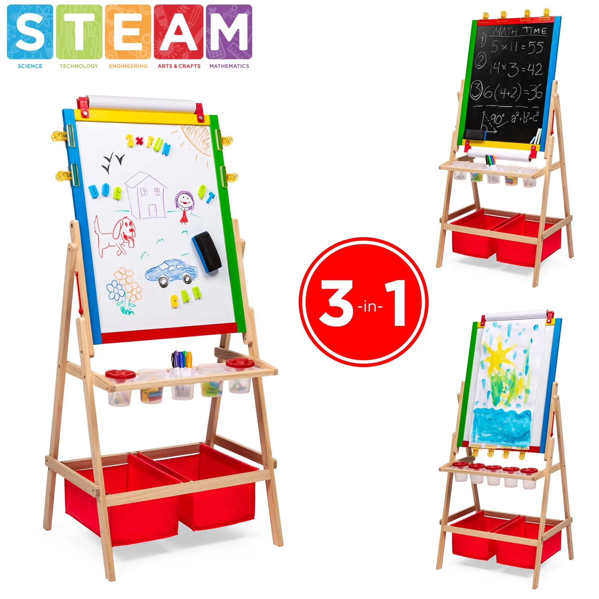 Kids Double-Sided Easel w/ Chalkboard, Whiteboard, Paper Roll, Art Supplies