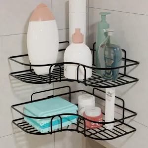 Lifelong Bathroom Corner Shelf for Storage - Mild Steel Wall Mounted Washroom Rack - Single Layer Multipurpose Towel & Soap Holder - Rust & Scratch Proof - Accessories Organiser (Pack of 2 - Black)