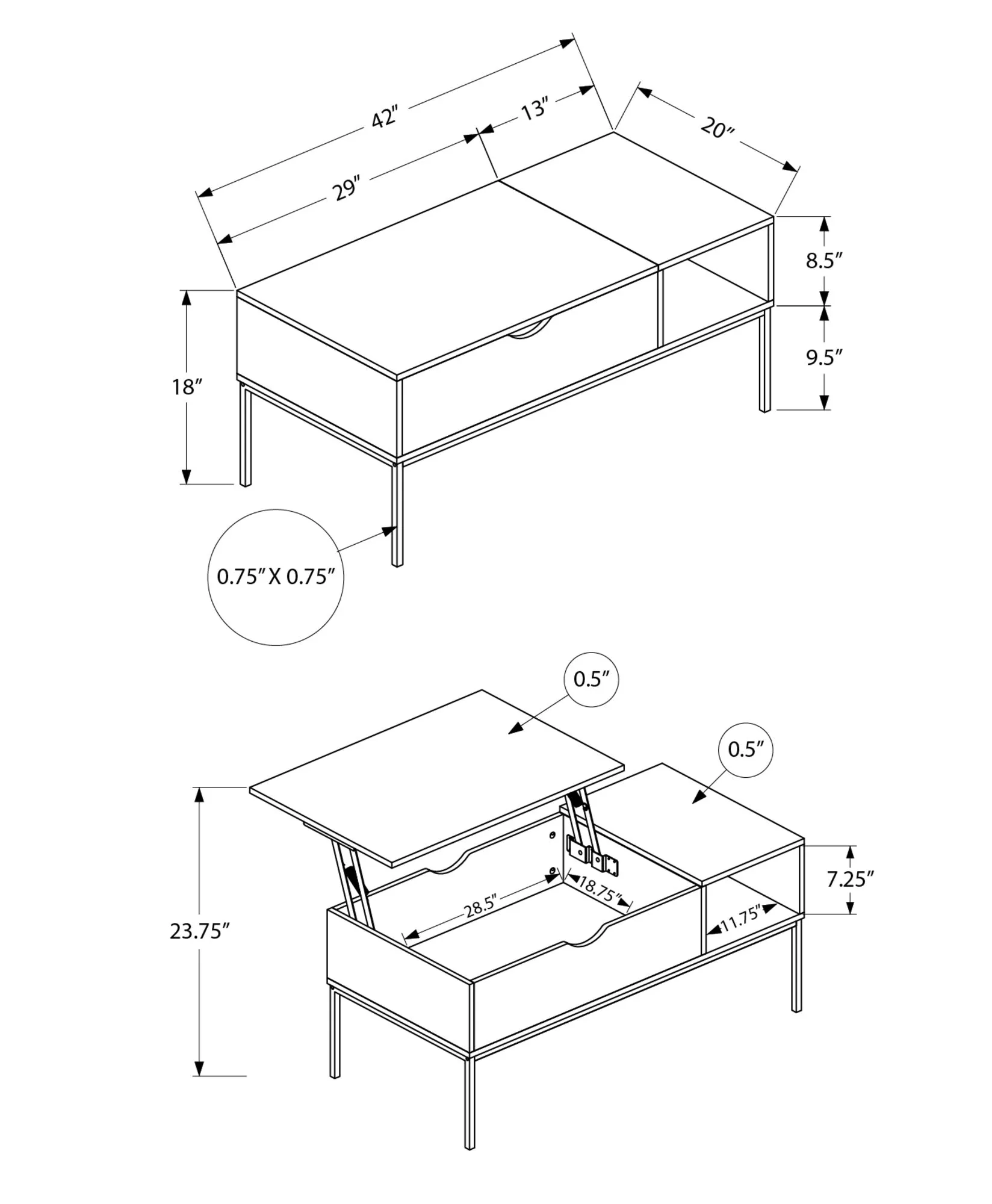 Lift-Top Coffee Table, 42" L, Rectangular, Dark Taupe, Black Metal - Contemporary & Modern