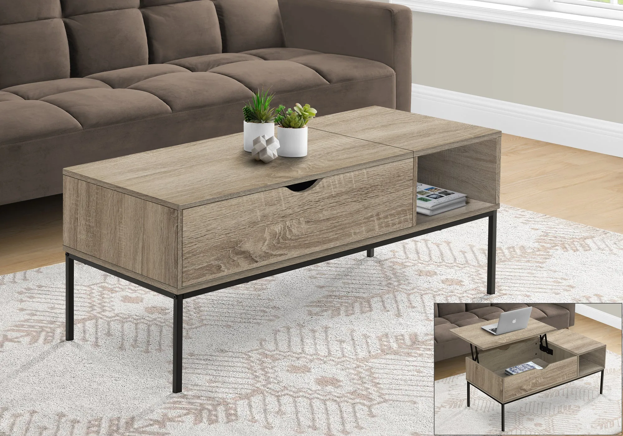 Lift-Top Coffee Table, 42" L, Rectangular, Dark Taupe, Black Metal - Contemporary & Modern