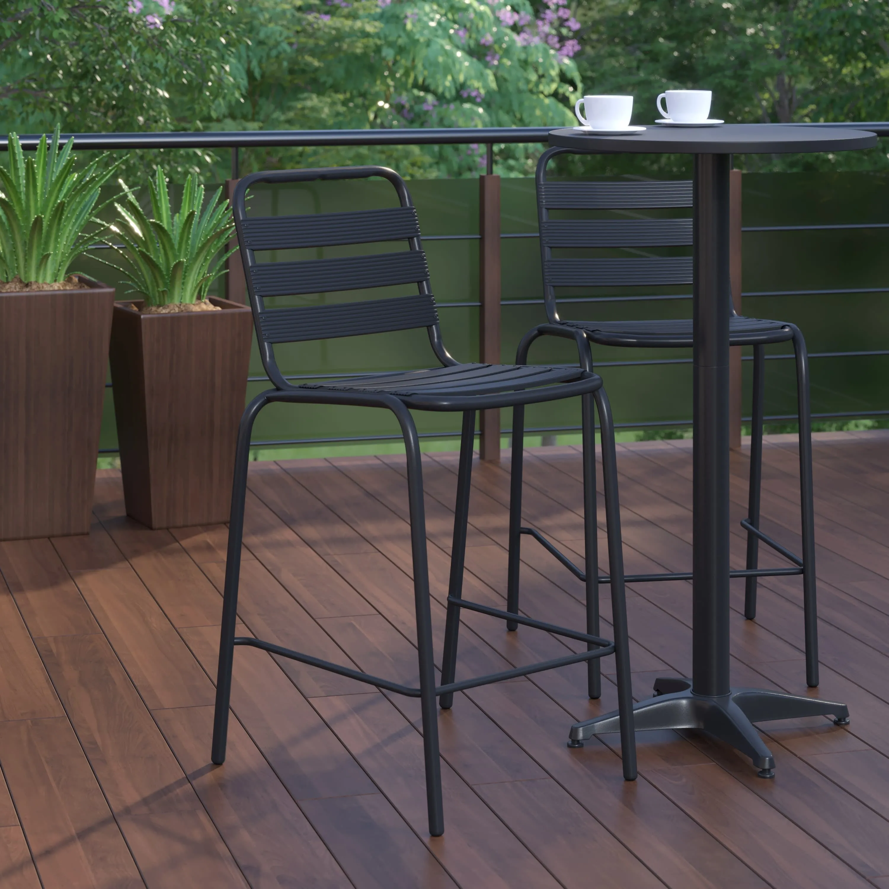 Lila Commercial Metal Indoor-Outdoor Restaurant Bar Height Stool with Metal Triple Slat Back