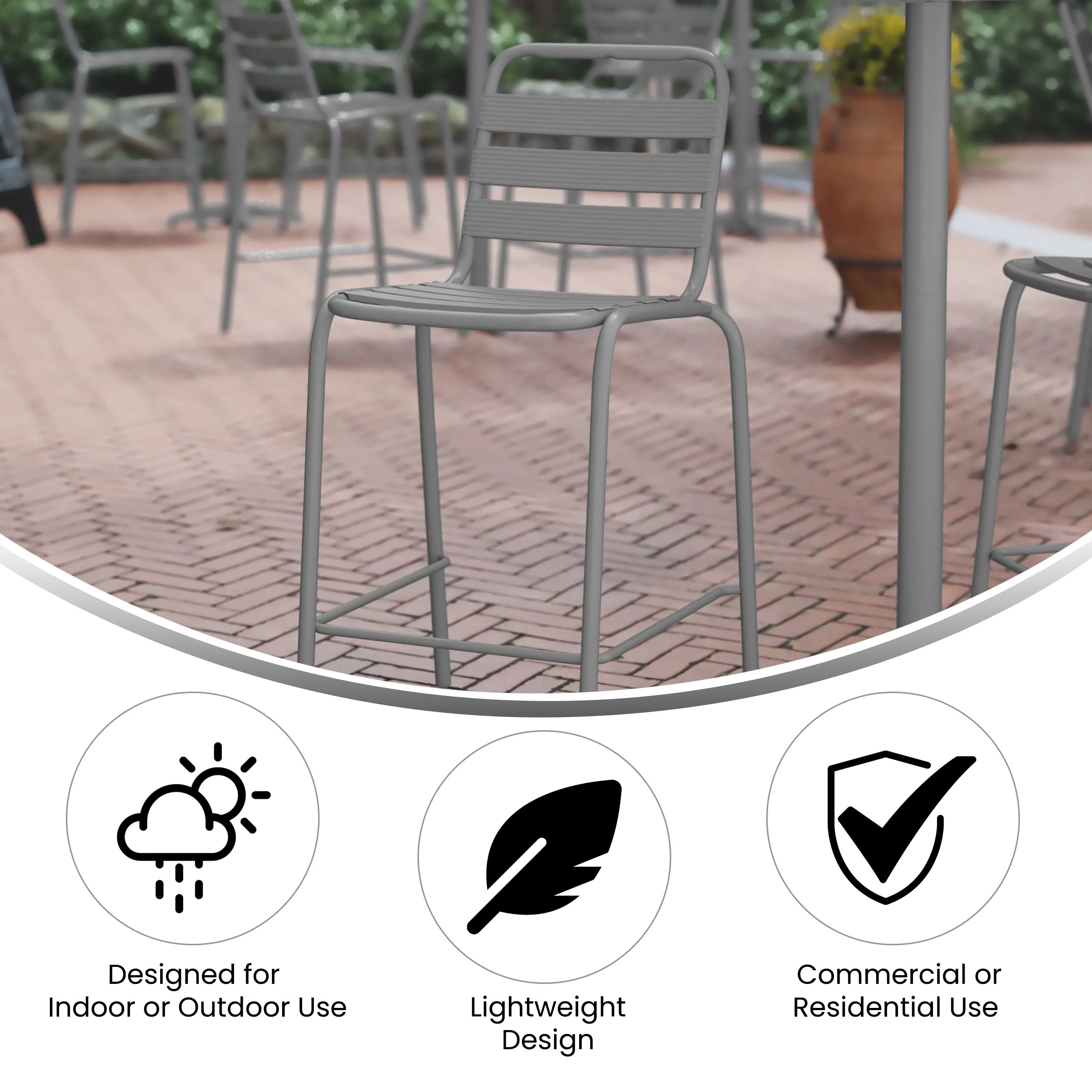 Lila Commercial Metal Indoor-Outdoor Restaurant Bar Height Stool with Metal Triple Slat Back