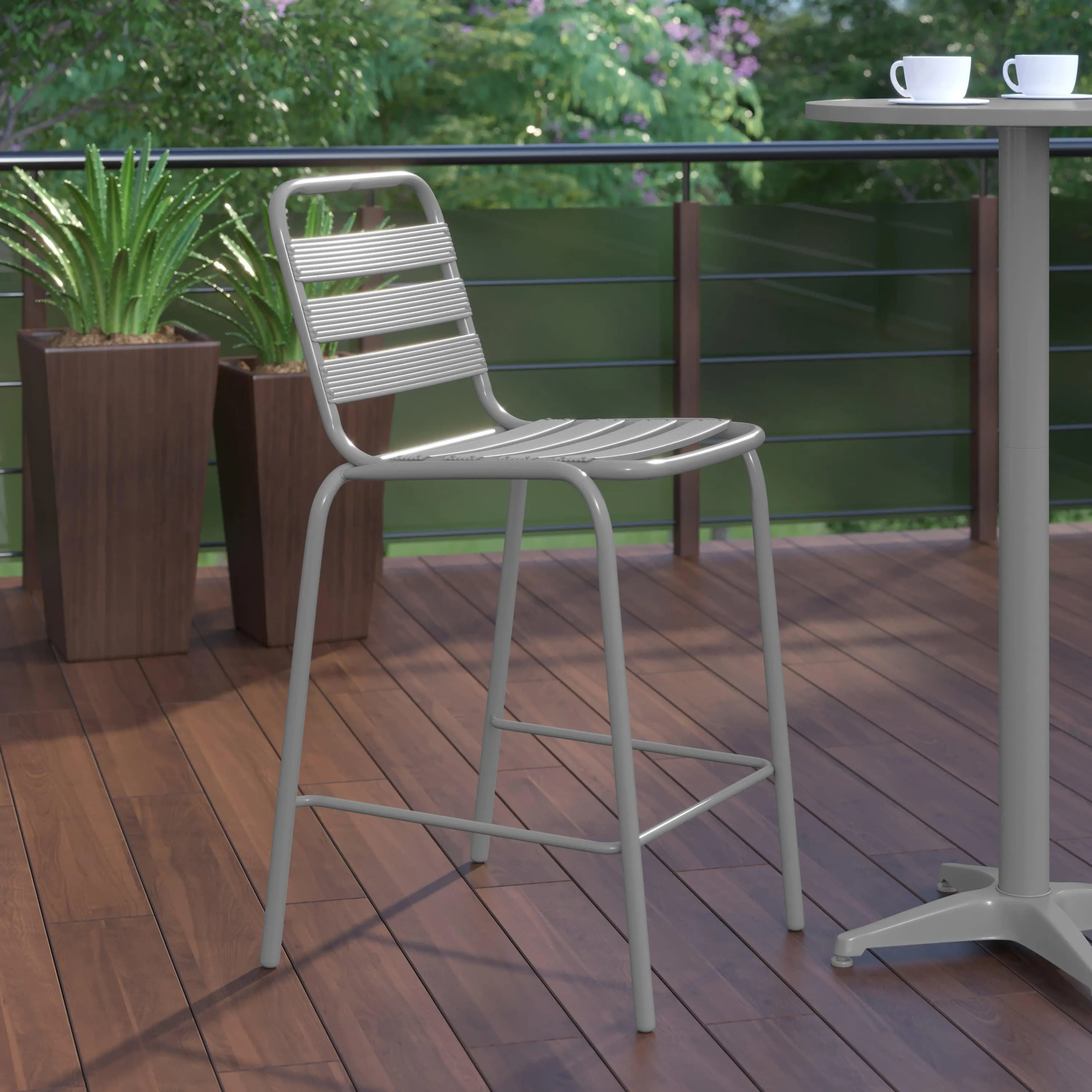 Lila Commercial Metal Indoor-Outdoor Restaurant Bar Height Stool with Metal Triple Slat Back