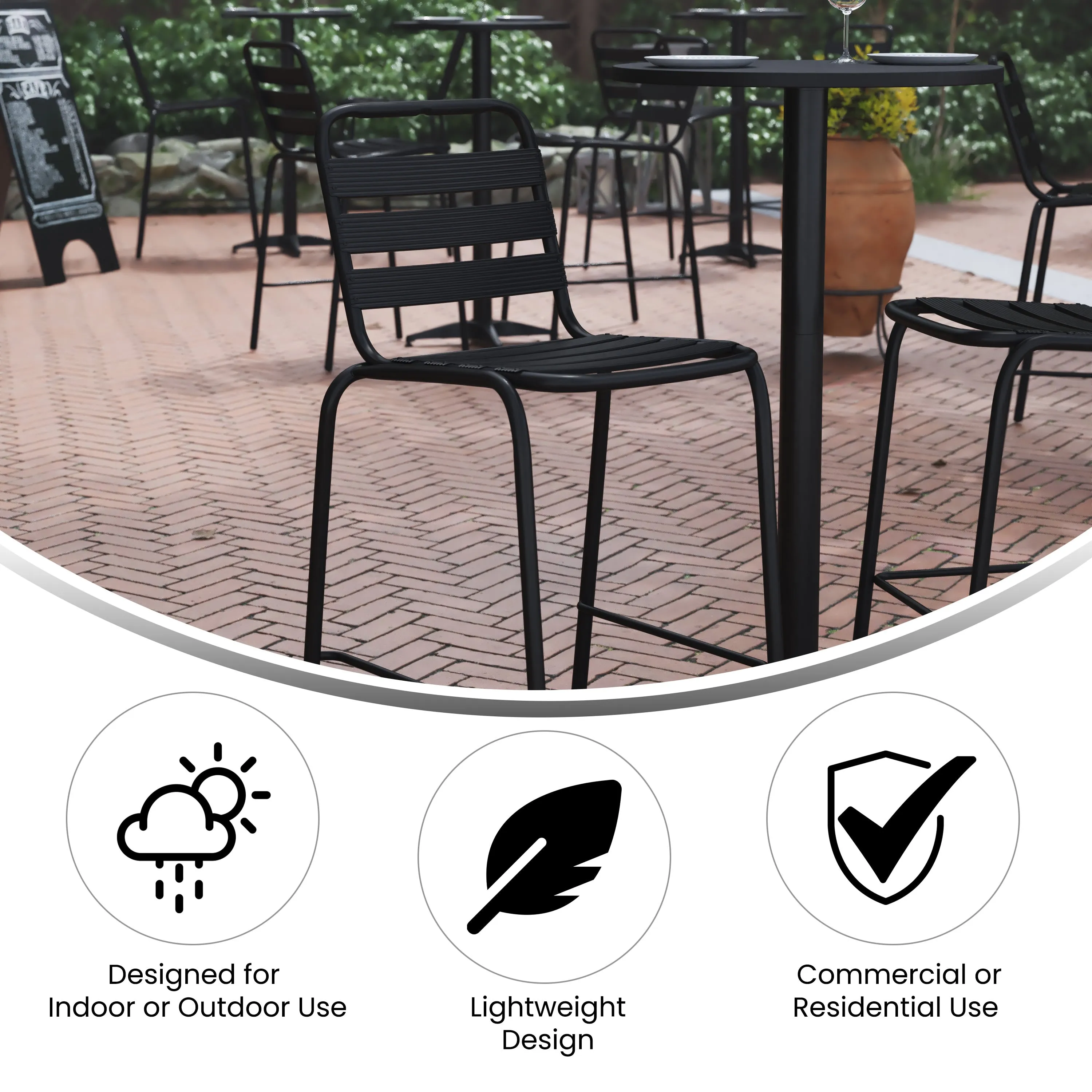 Lila Commercial Metal Indoor-Outdoor Restaurant Bar Height Stool with Metal Triple Slat Back