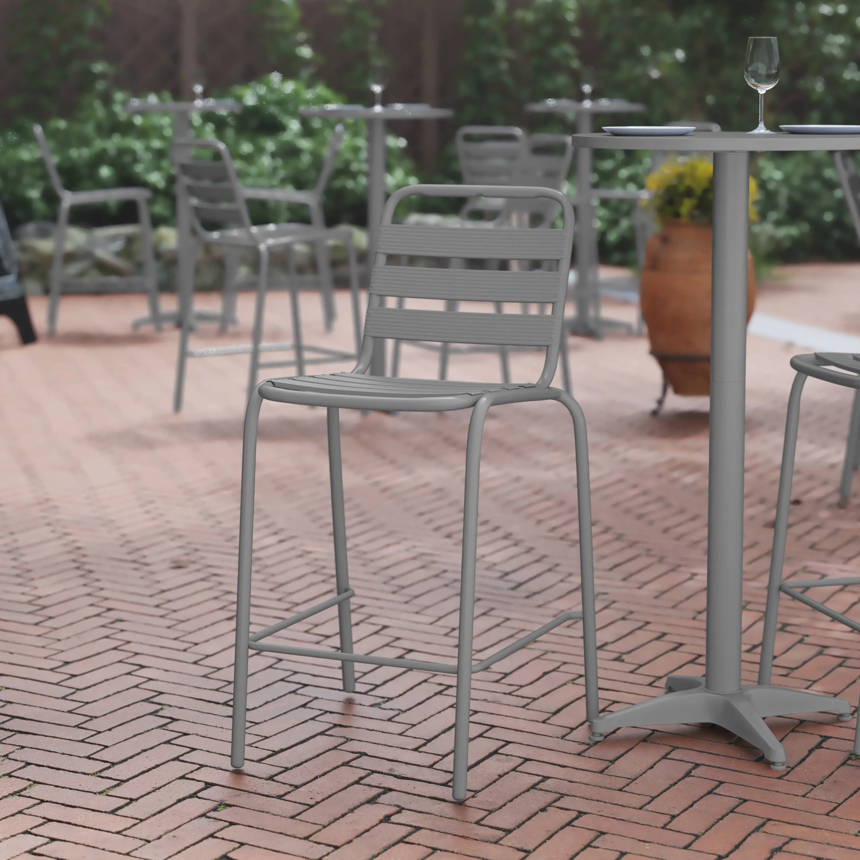 Lila Commercial Metal Indoor-Outdoor Restaurant Bar Height Stool with Metal Triple Slat Back