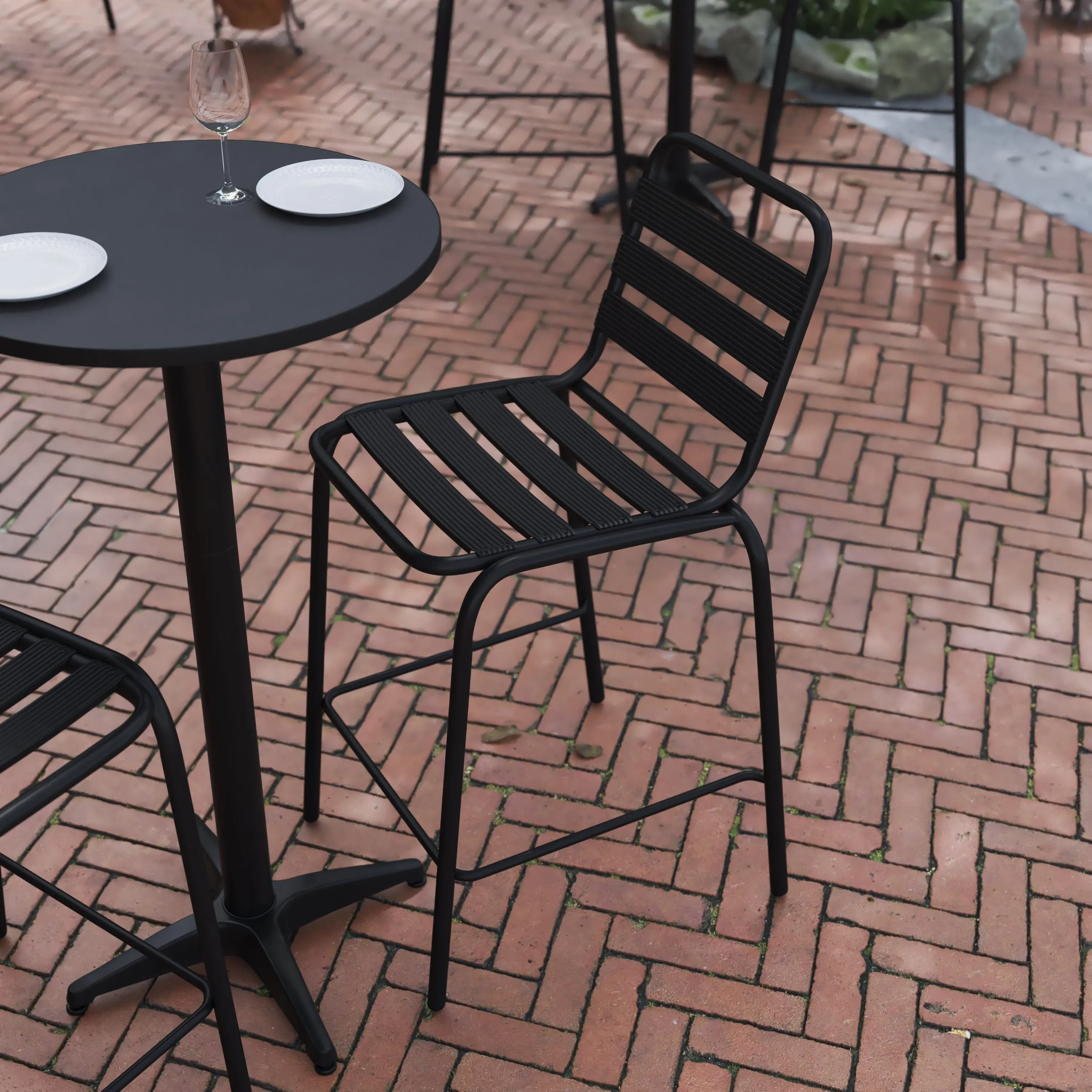 Lila Commercial Metal Indoor-Outdoor Restaurant Bar Height Stool with Metal Triple Slat Back