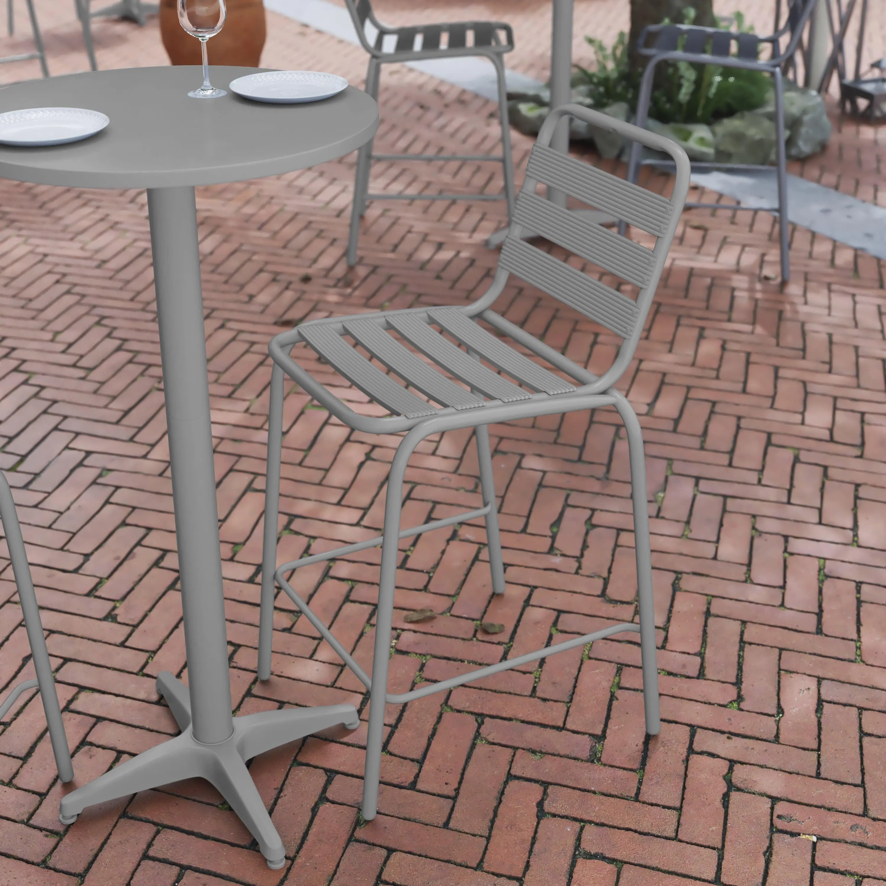 Lila Commercial Metal Indoor-Outdoor Restaurant Bar Height Stool with Metal Triple Slat Back