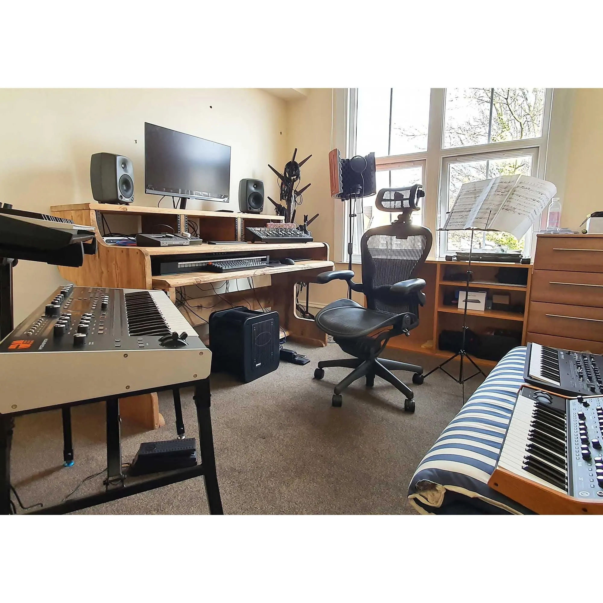 LUNA: Reclaimed Musician's Studio Desk/ 3 Tier Workstation with Monitor Stand, Keyboard Tray and Spaces for Electronics