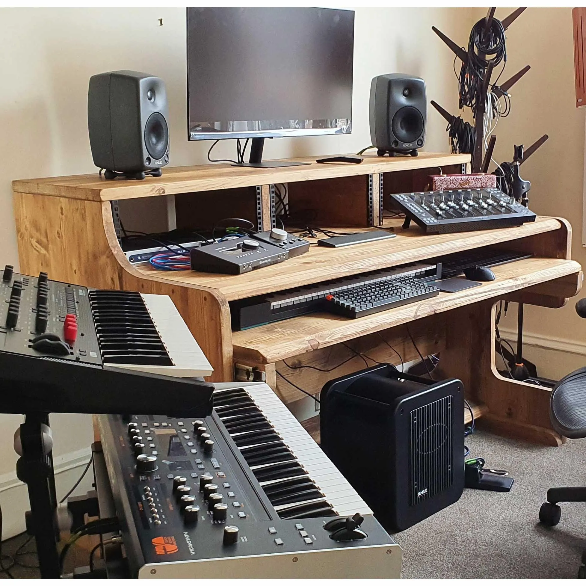 LUNA: Reclaimed Musician's Studio Desk/ 3 Tier Workstation with Monitor Stand, Keyboard Tray and Spaces for Electronics