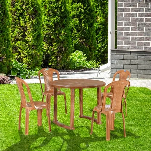 Nilkamal Meridian Round 4 Seater Virgin Plastic Dining Table Set for Dining Room | Indoor & Outdoor |Home Office | Hotel, Café and Restaurants | 1 Dining Table with 4 Chairs | Color Pear Wood