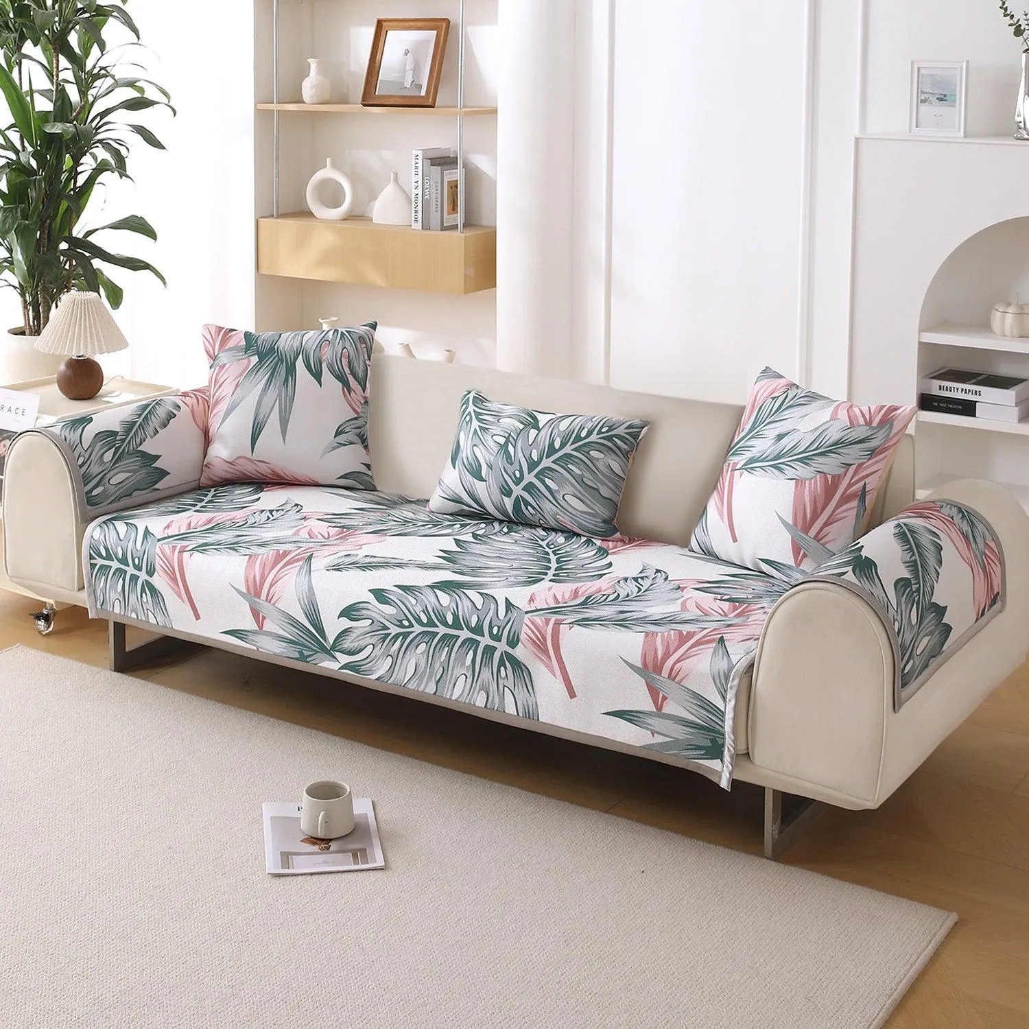 Premium Printed Ice Silk Sofa Cover Mat with Armrest Cover, Castleton Green Tropical