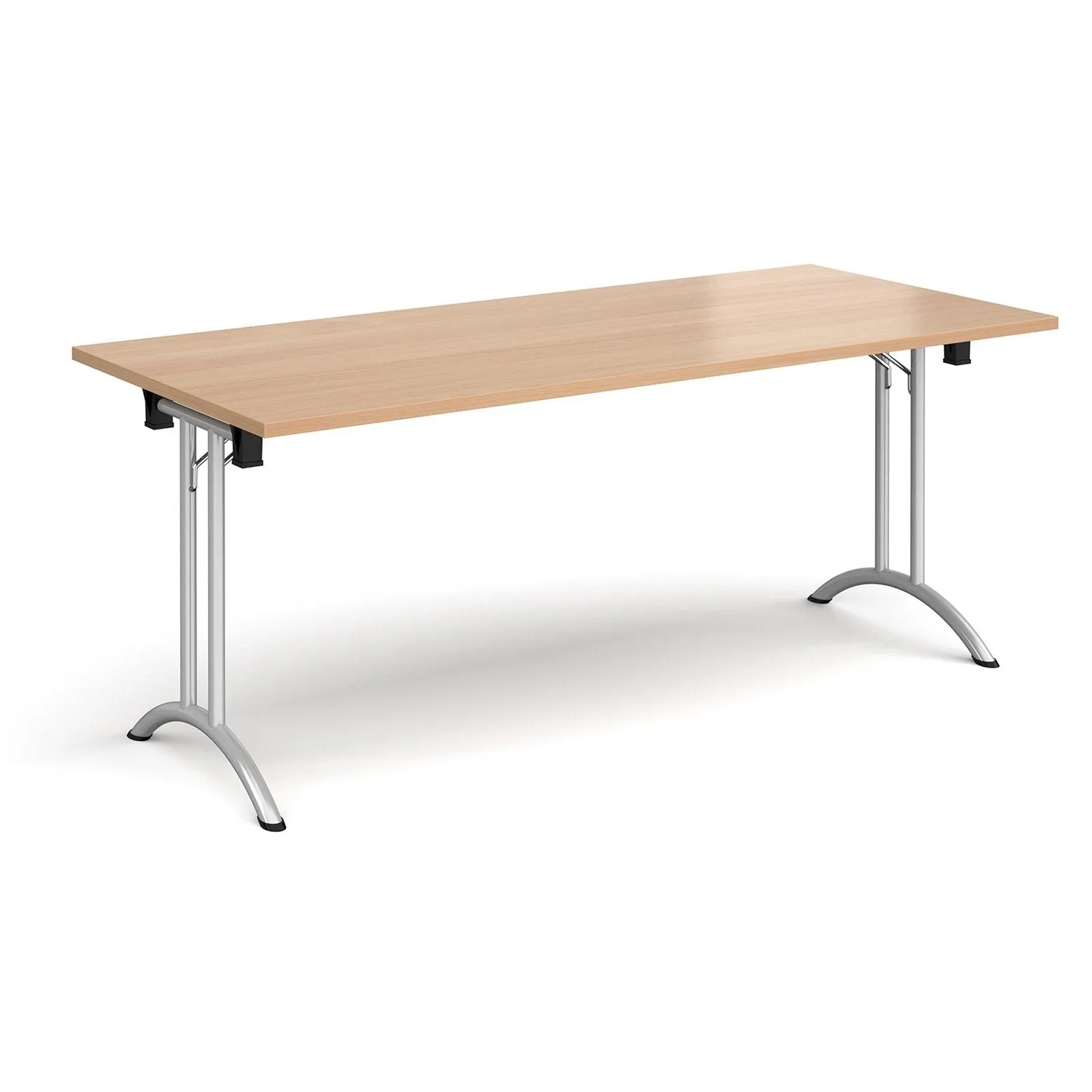 Rectangular folding leg table with curved foot rails