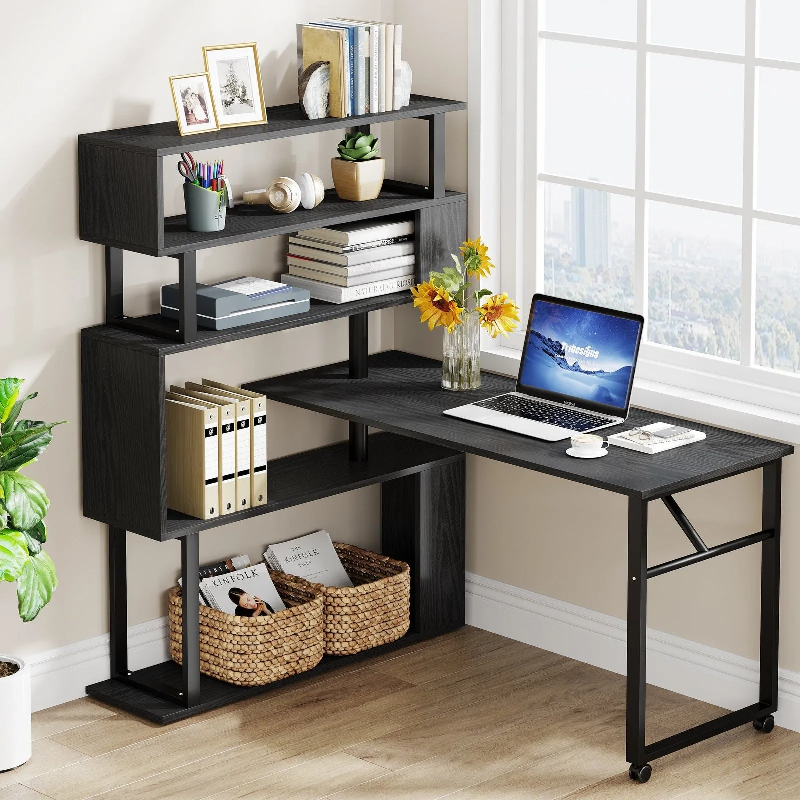 Rotating Desk with 5-Tier Bookshelf, Reversible Computer Desk with Wheels