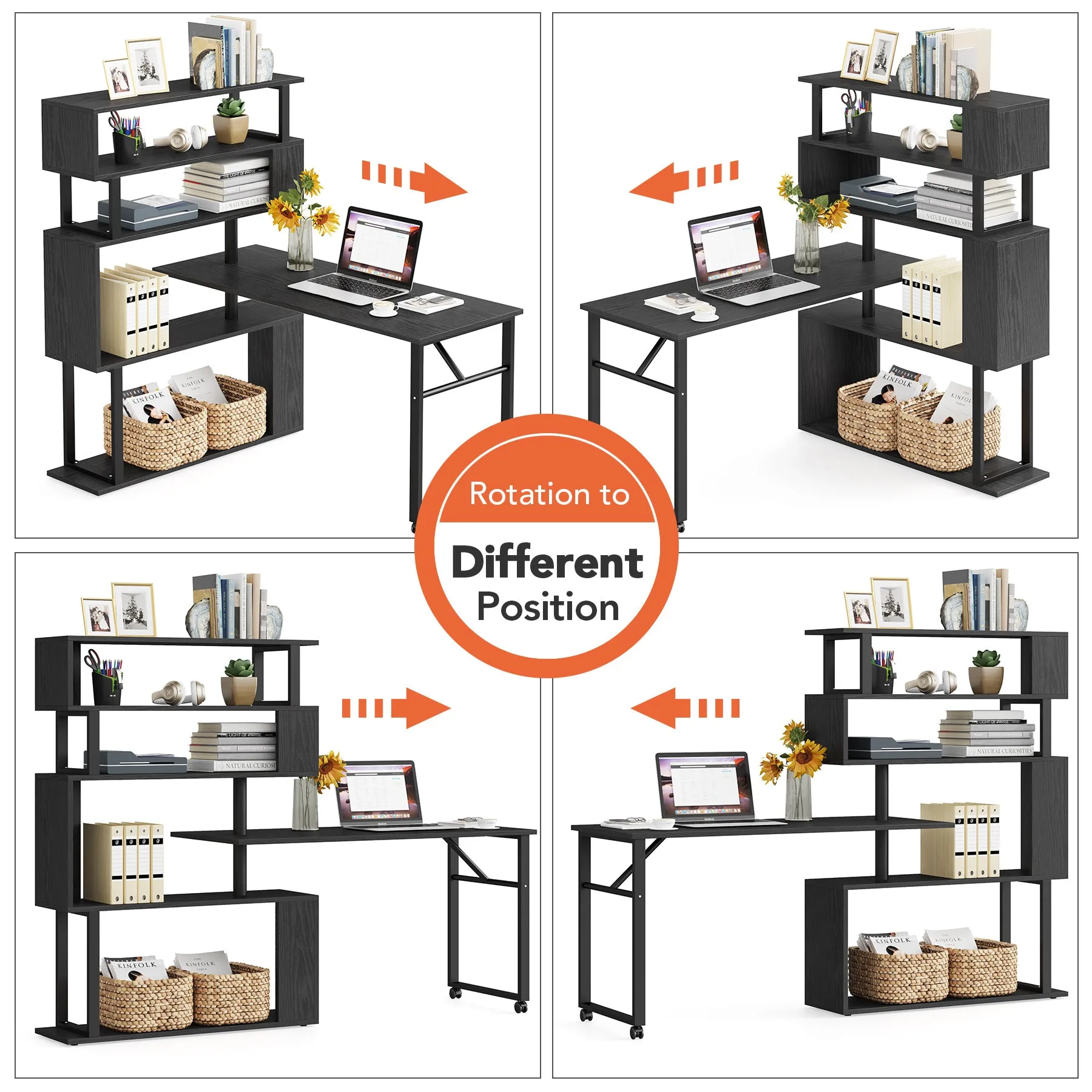 Rotating Desk with 5-Tier Bookshelf, Reversible Computer Desk with Wheels