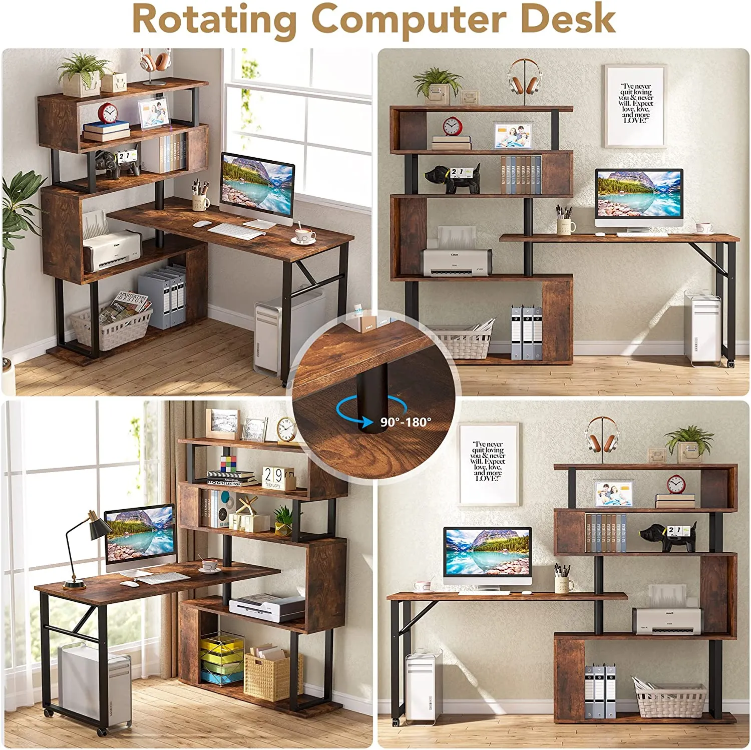 Rotating Desk with 5-Tier Bookshelf, Reversible Computer Desk with Wheels