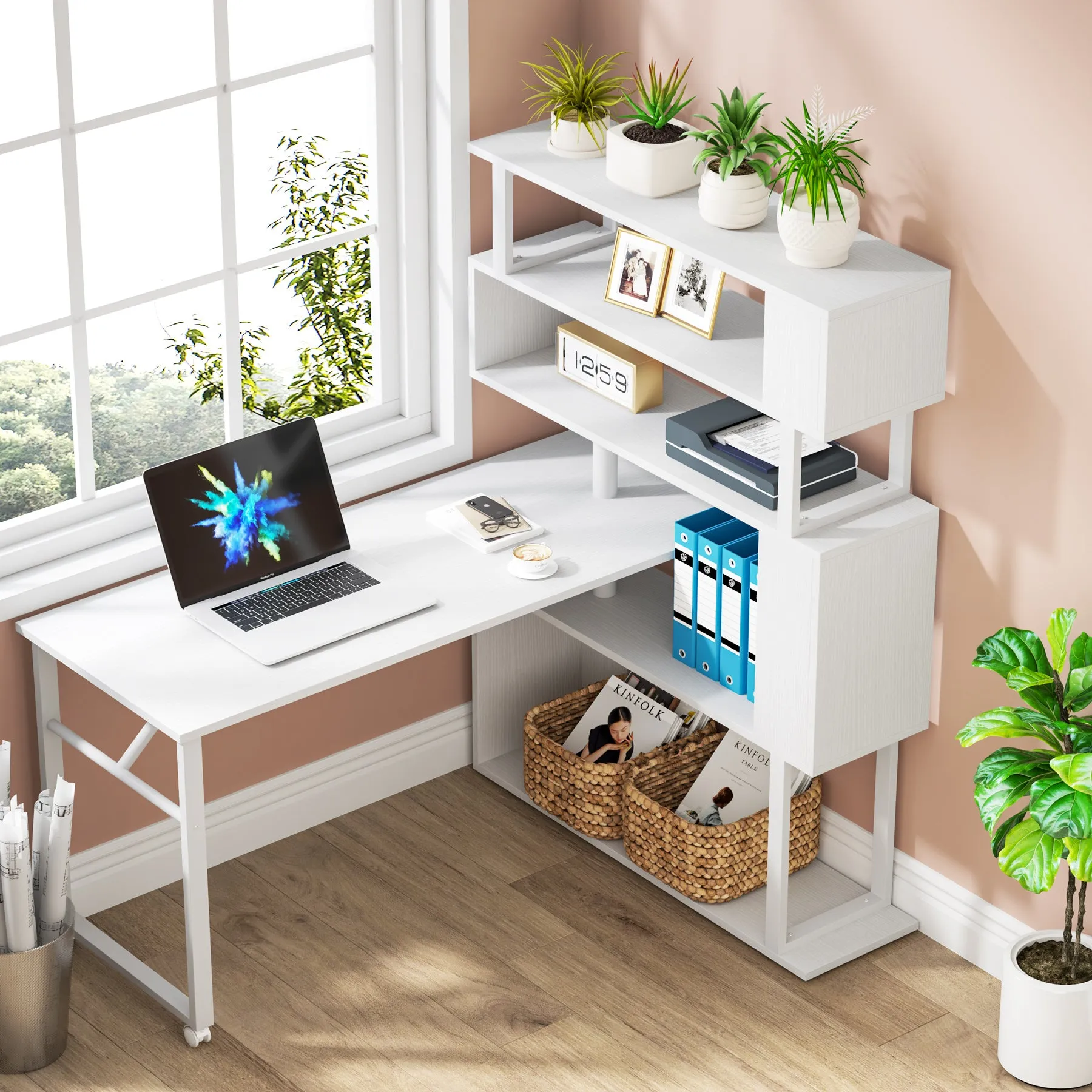 Rotating Desk with 5-Tier Bookshelf, Reversible Computer Desk with Wheels