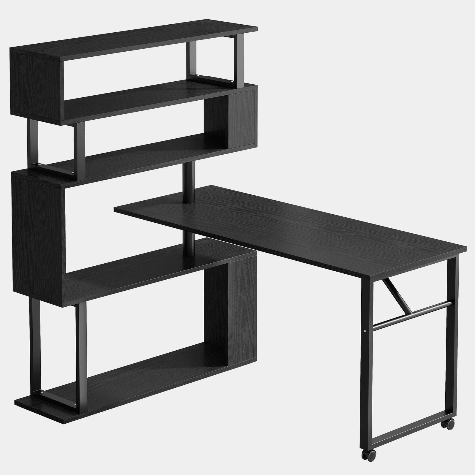 Rotating Desk with 5-Tier Bookshelf, Reversible Computer Desk with Wheels