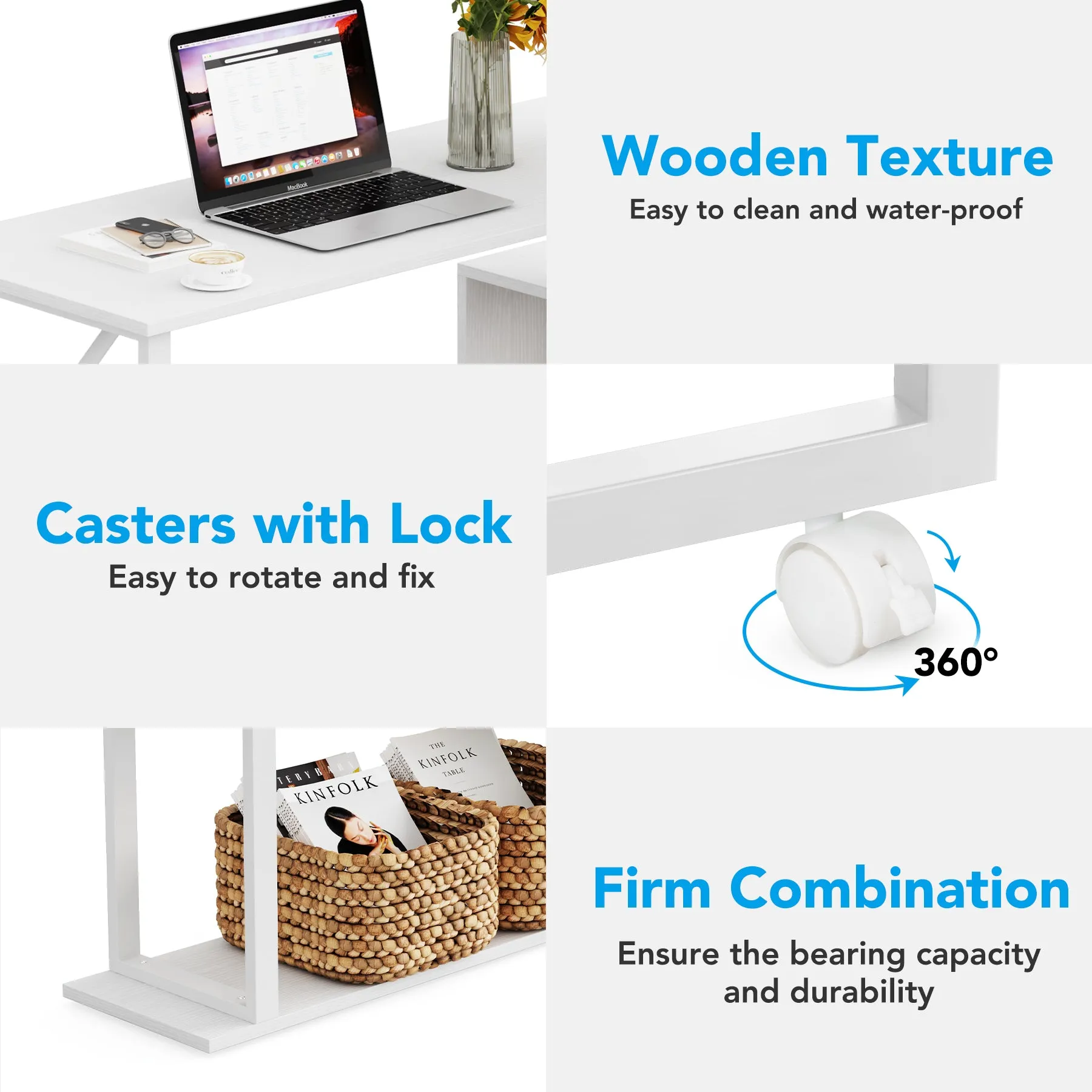 Rotating Desk with 5-Tier Bookshelf, Reversible Computer Desk with Wheels