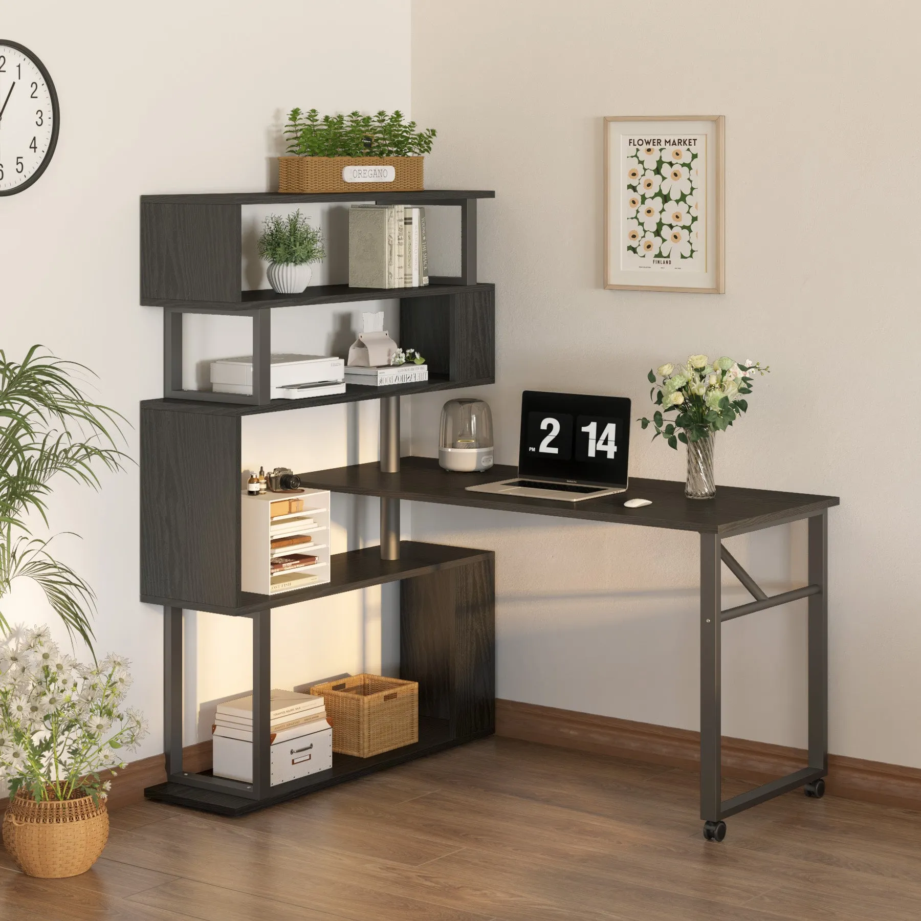 Rotating Desk with 5-Tier Bookshelf, Reversible Computer Desk with Wheels