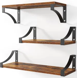 Rustic Wood Floating Shelves Wall Mounted Set of 3-Dark Brown