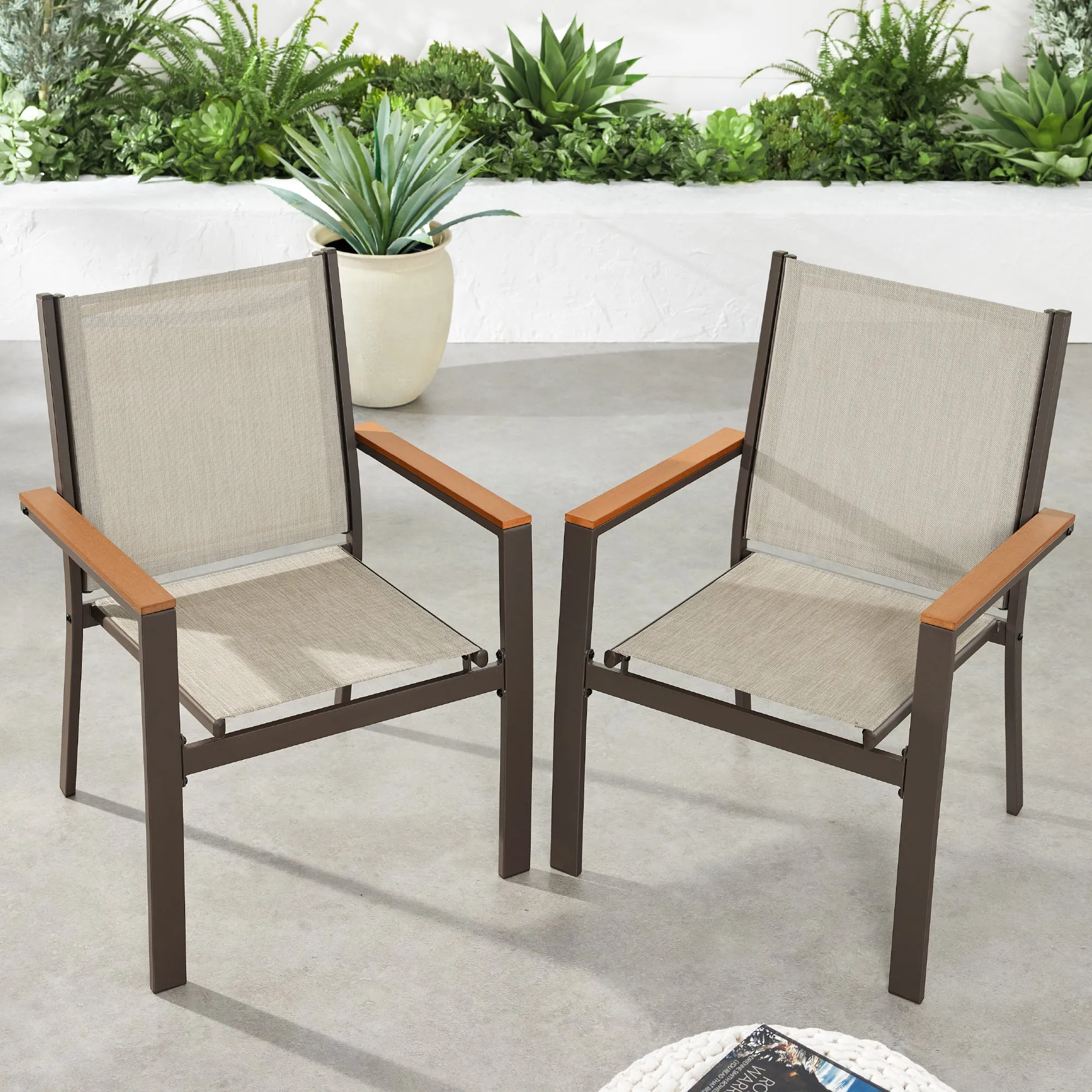 Set of 2 Stackable Textilene Chairs w/ Armrests, Dining Accent Furniture