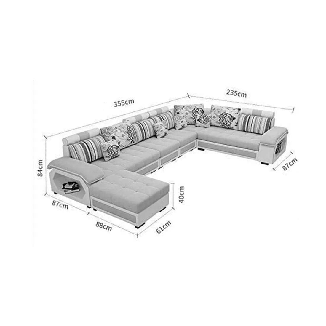 Silvester 12 Seater U Shape Premium Sectional Fabric Sofa Set with 4 Puffy