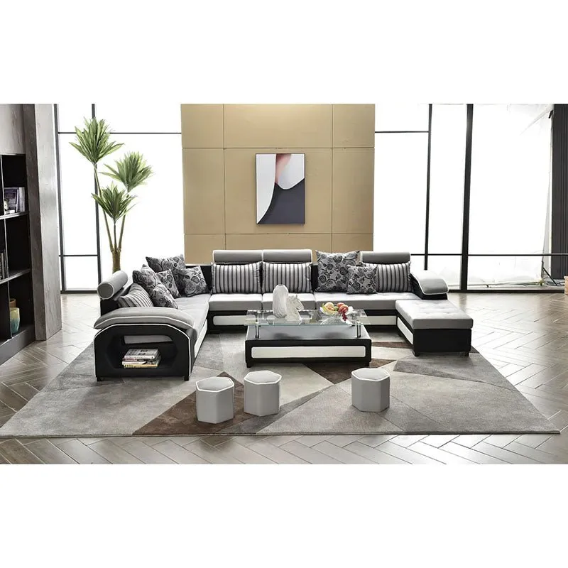 Silvester 12 Seater U Shape Premium Sectional Fabric Sofa Set with 4 Puffy