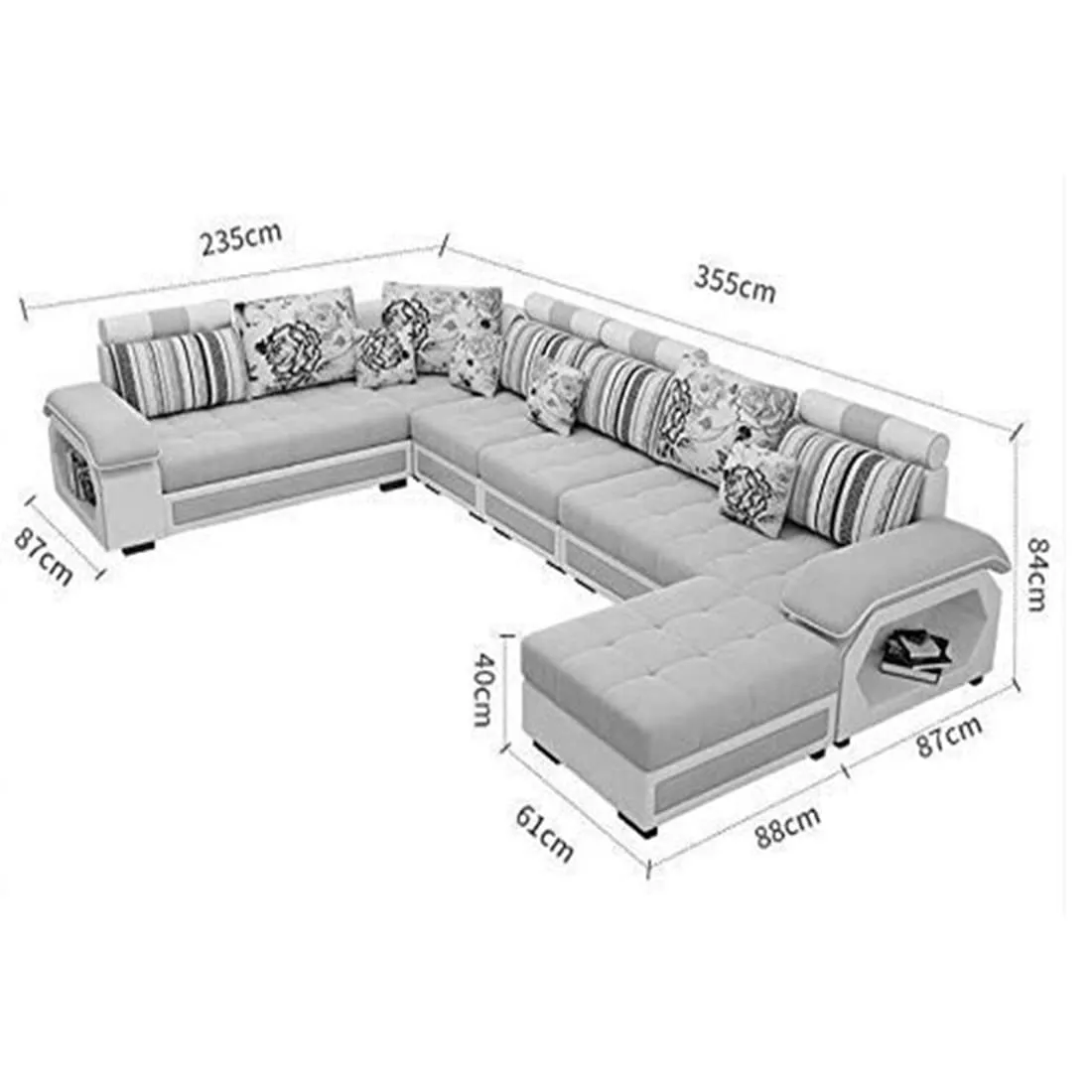 Silvester 12 Seater U Shape Premium Sectional Fabric Sofa Set with 4 Puffy