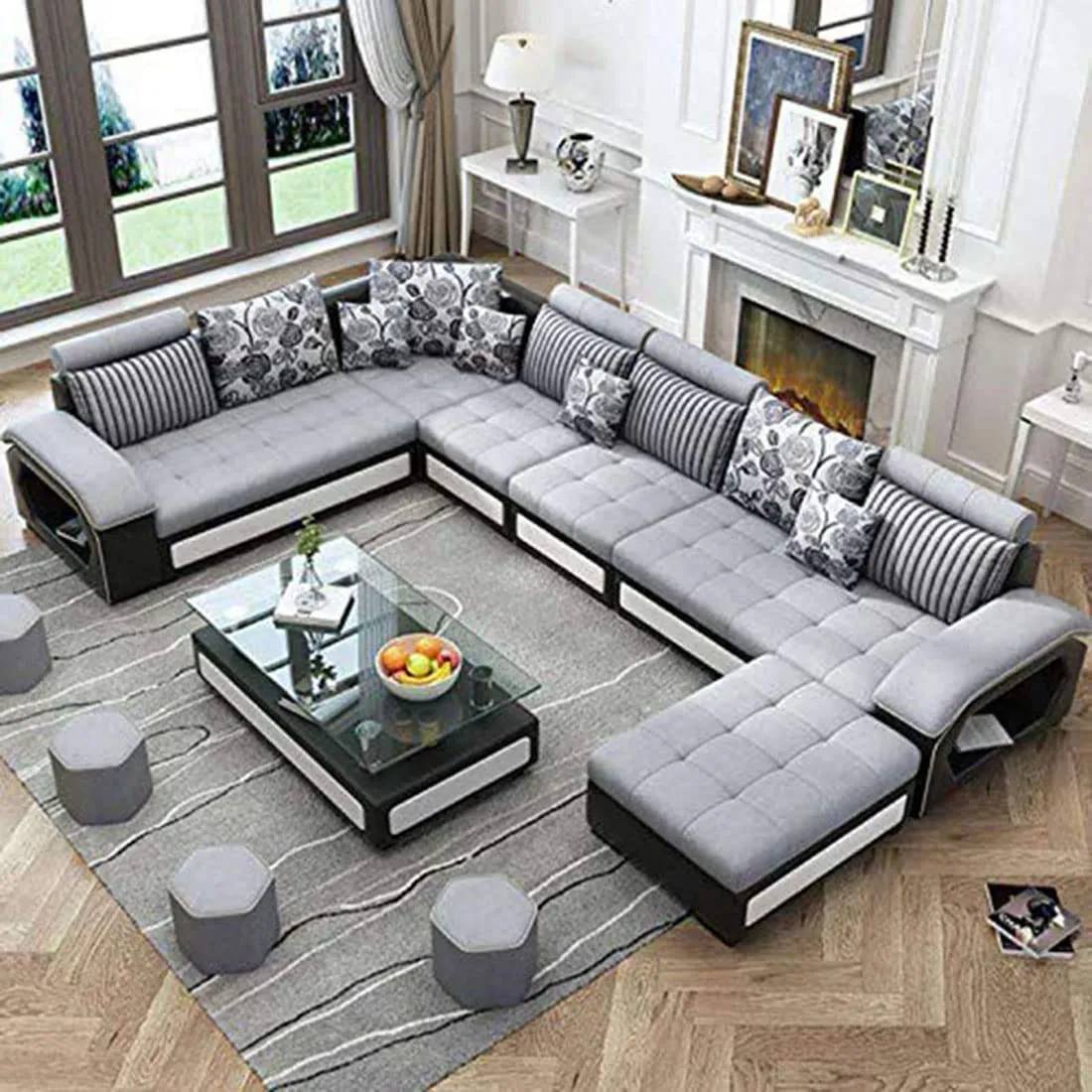 Silvester 12 Seater U Shape Premium Sectional Fabric Sofa Set with 4 Puffy