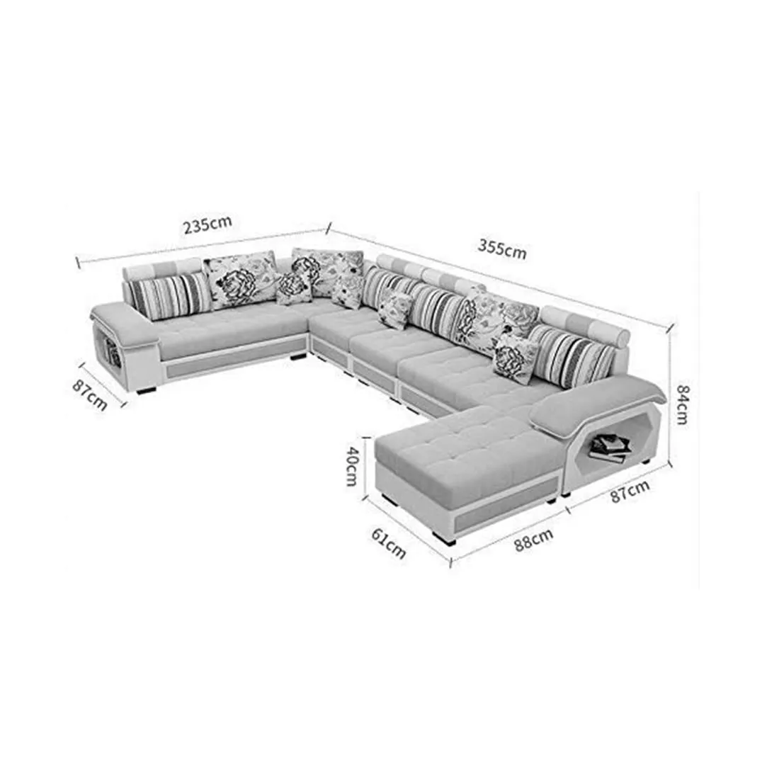 Silvester 12 Seater U Shape Premium Sectional Fabric Sofa Set with 4 Puffy