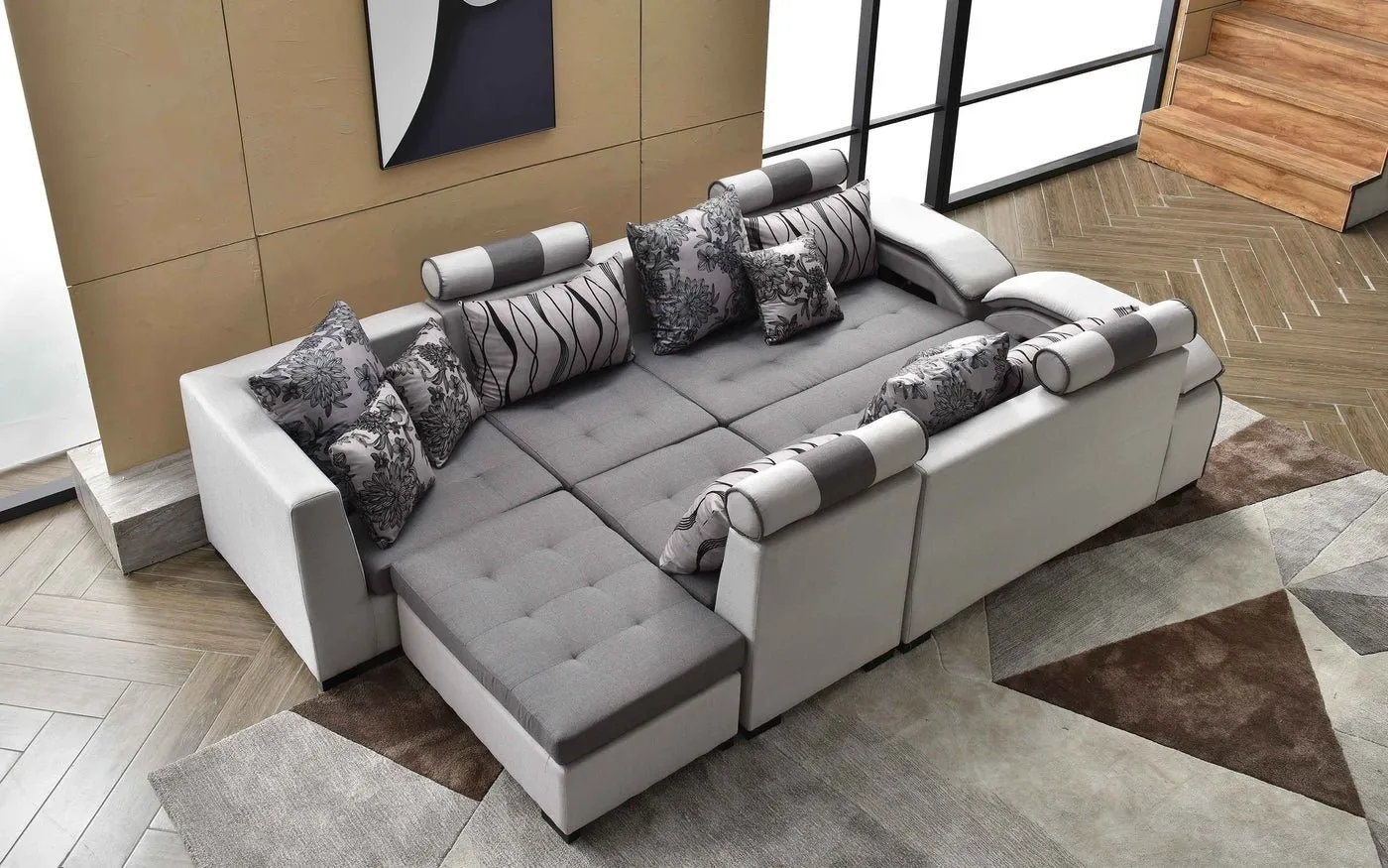 Silvester 12 Seater U Shape Premium Sectional Fabric Sofa Set with 4 Puffy