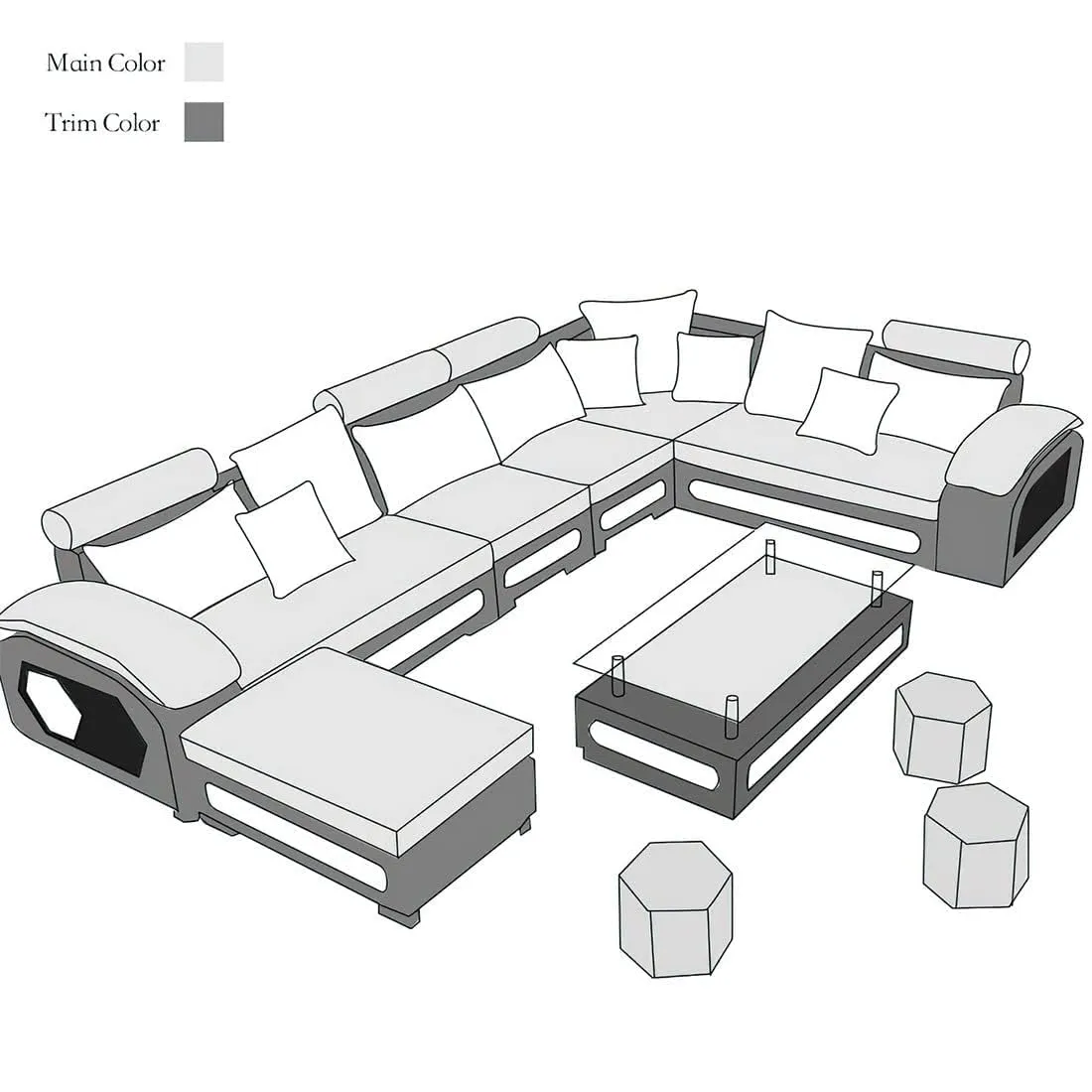 Silvester 12 Seater U Shape Premium Sectional Fabric Sofa Set with 4 Puffy