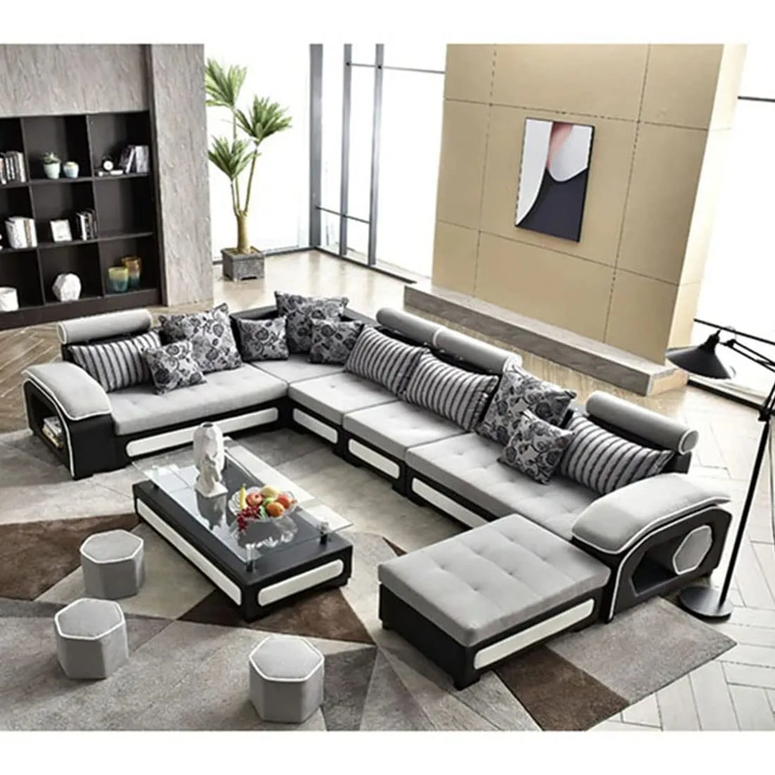 Silvester 12 Seater U Shape Premium Sectional Fabric Sofa Set with 4 Puffy