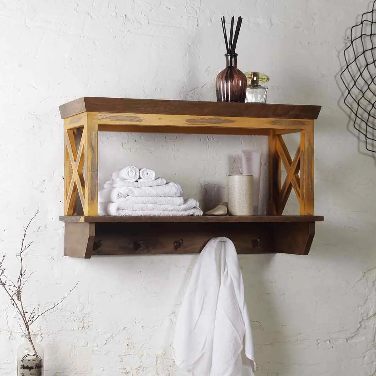 Solid Wood Distress Yellow Bathroom Shelf