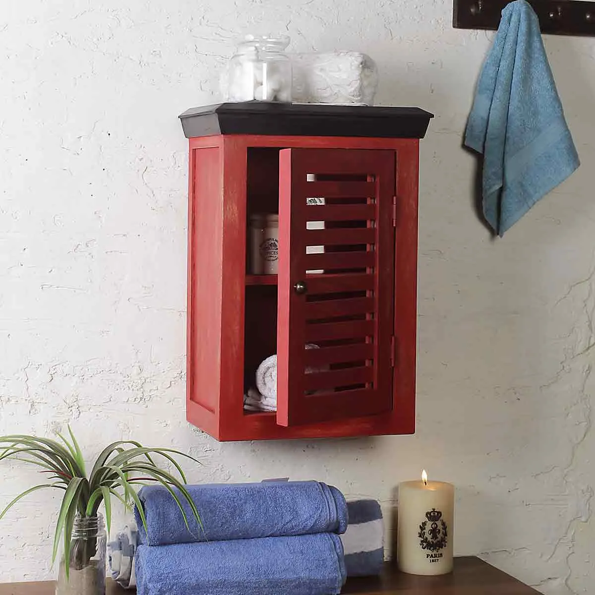 Solid Wood Vintage Red Bath Cabinet