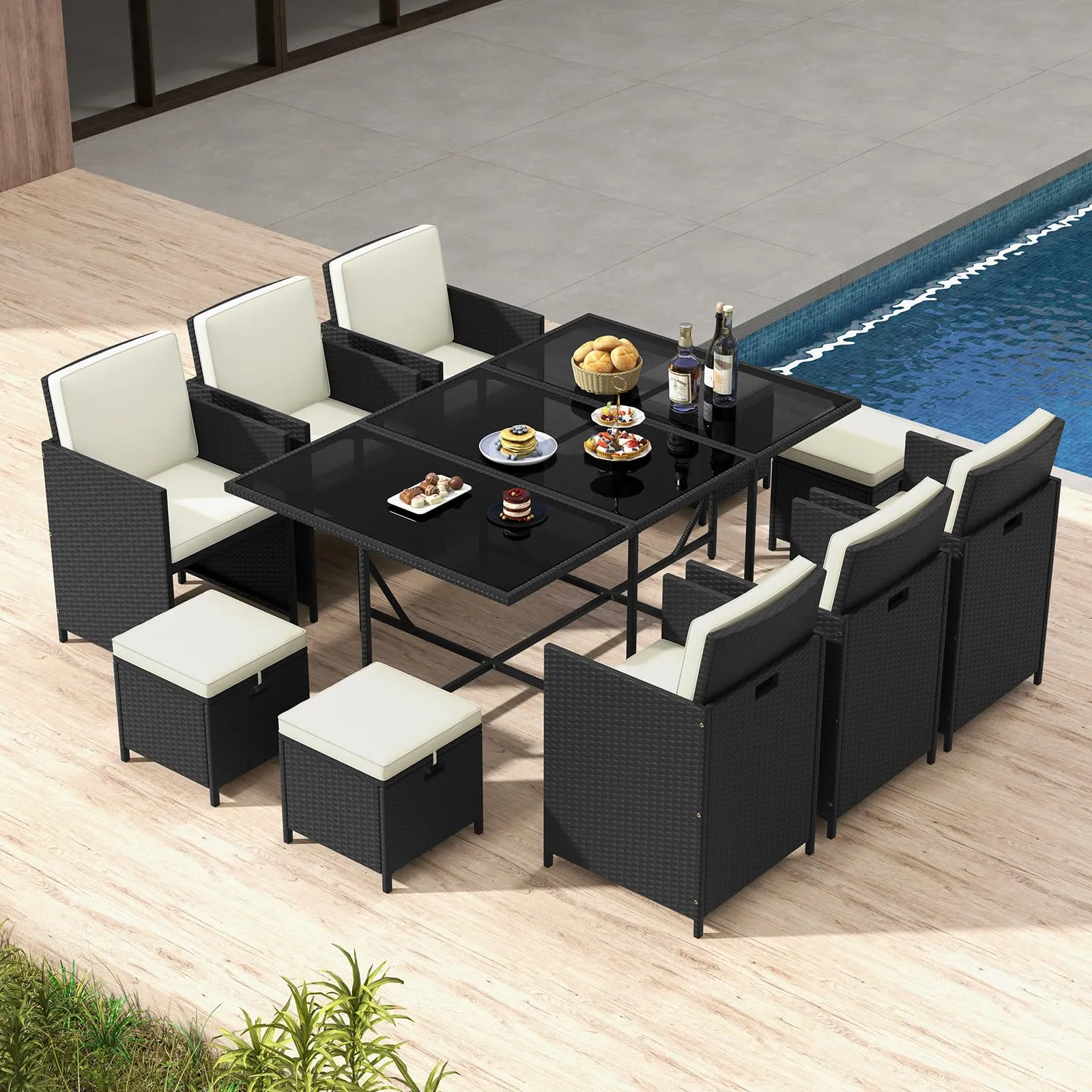 Tangkula 11 Pieces Patio Dining Set, Space-Saving Wicker Chairs & Tempered Glass Table with Ottomans