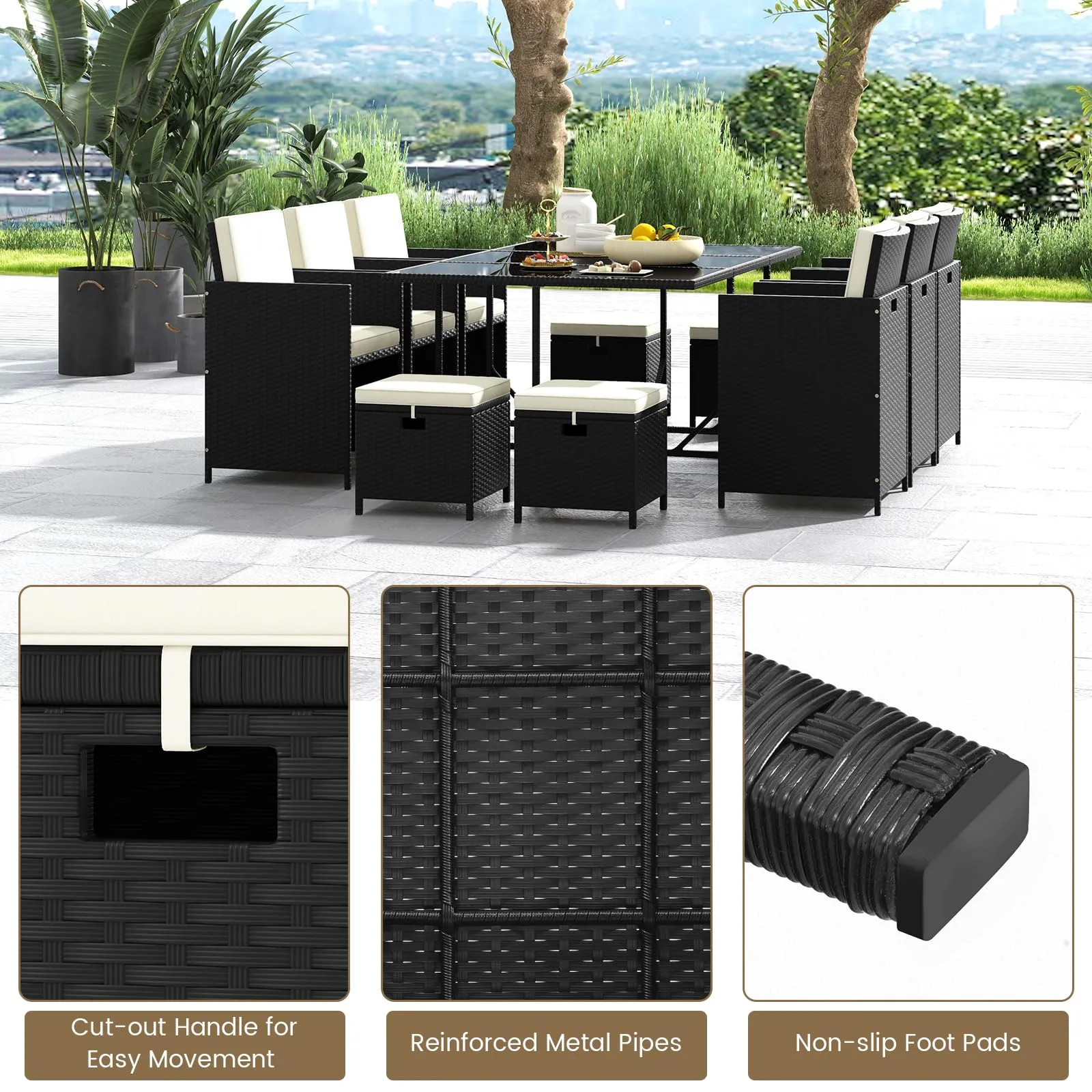 Tangkula 11 Pieces Patio Dining Set, Space-Saving Wicker Chairs & Tempered Glass Table with Ottomans