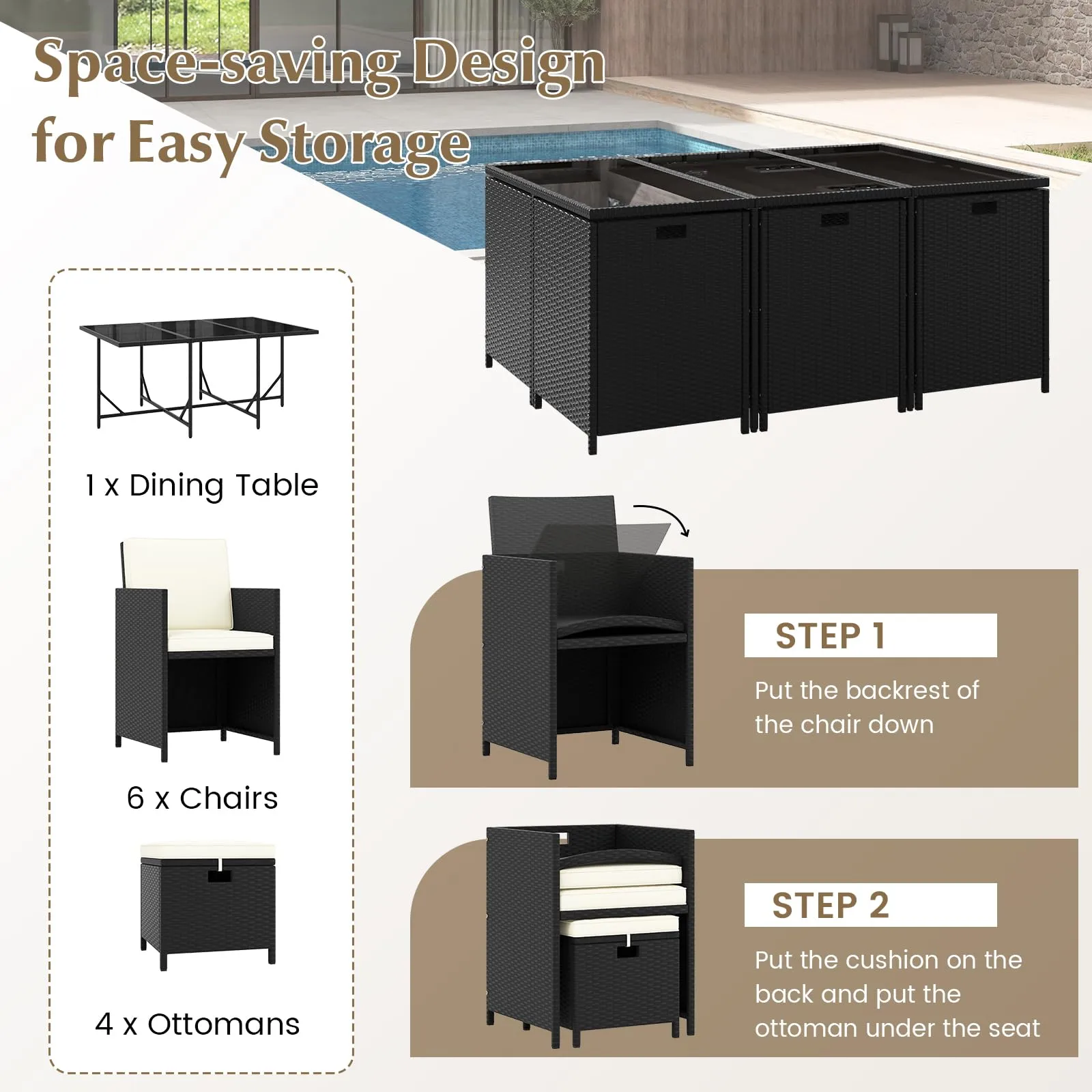 Tangkula 11 Pieces Patio Dining Set, Space-Saving Wicker Chairs & Tempered Glass Table with Ottomans