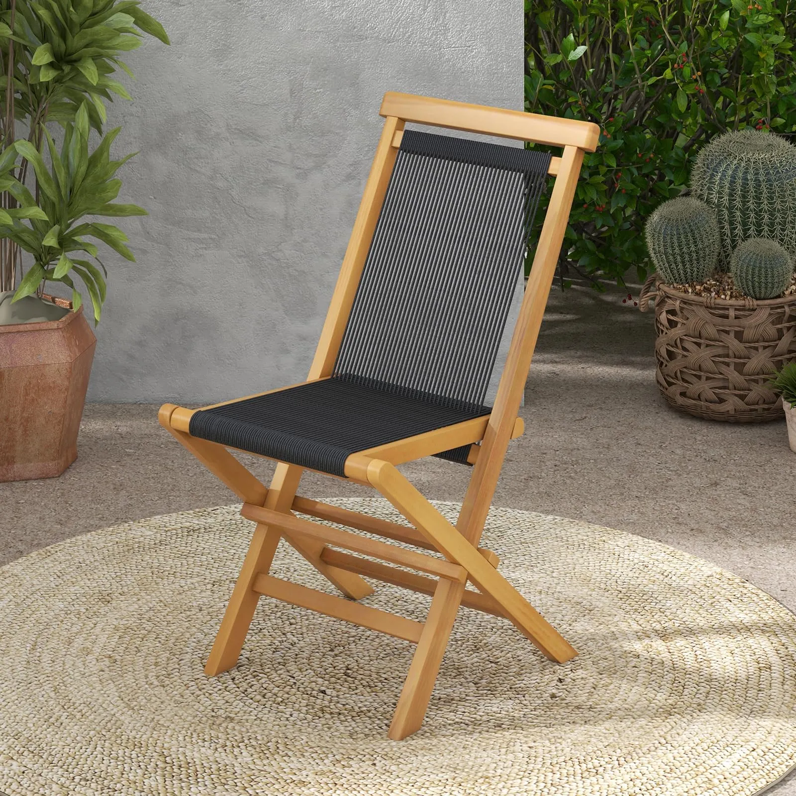 Tangkula 2 Piece Patio Folding Chairs, Solid Teak Wood Dining Chairs with Woven Rope Seat & Back