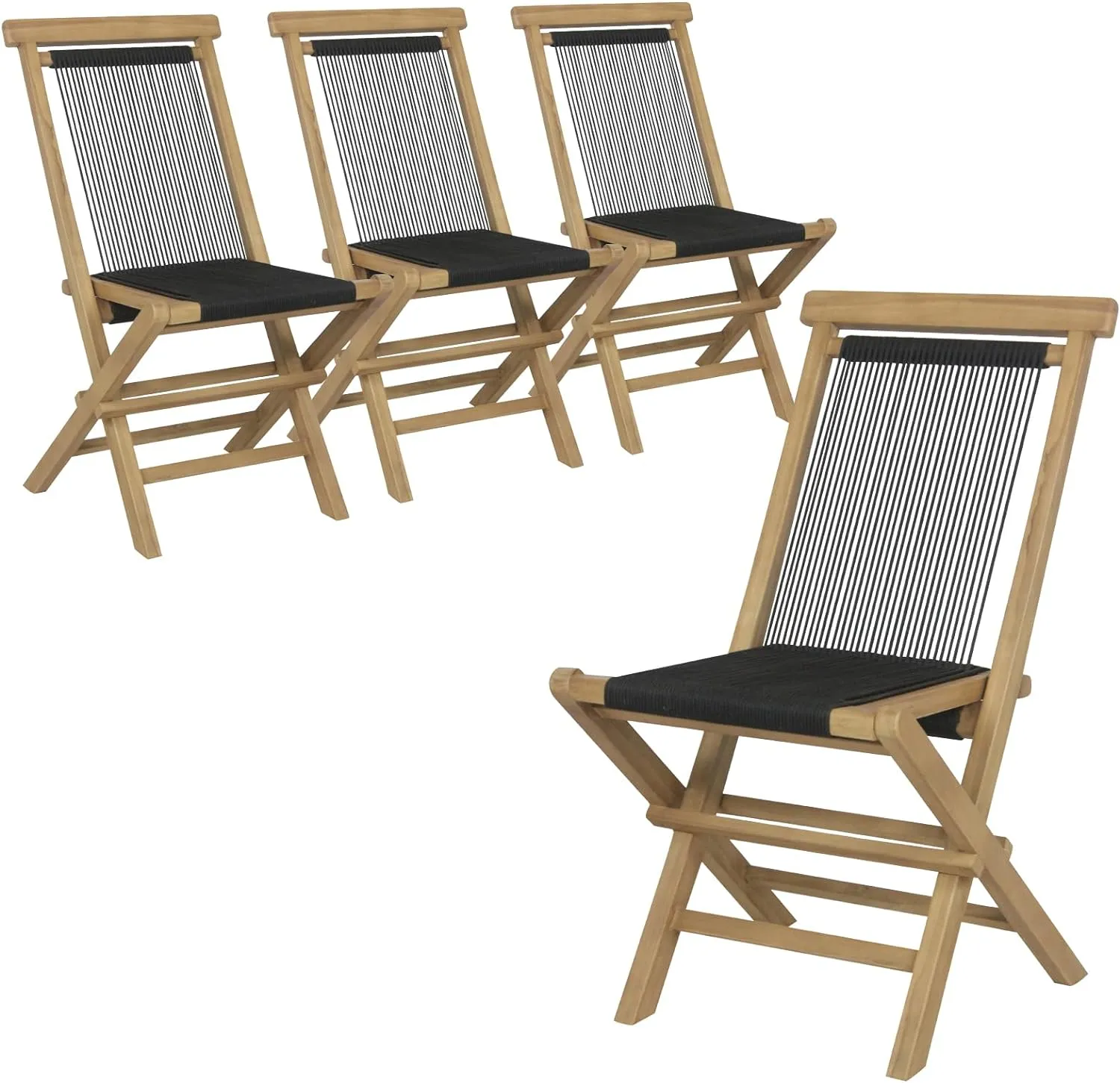 Tangkula 2 Piece Patio Folding Chairs, Solid Teak Wood Dining Chairs with Woven Rope Seat & Back