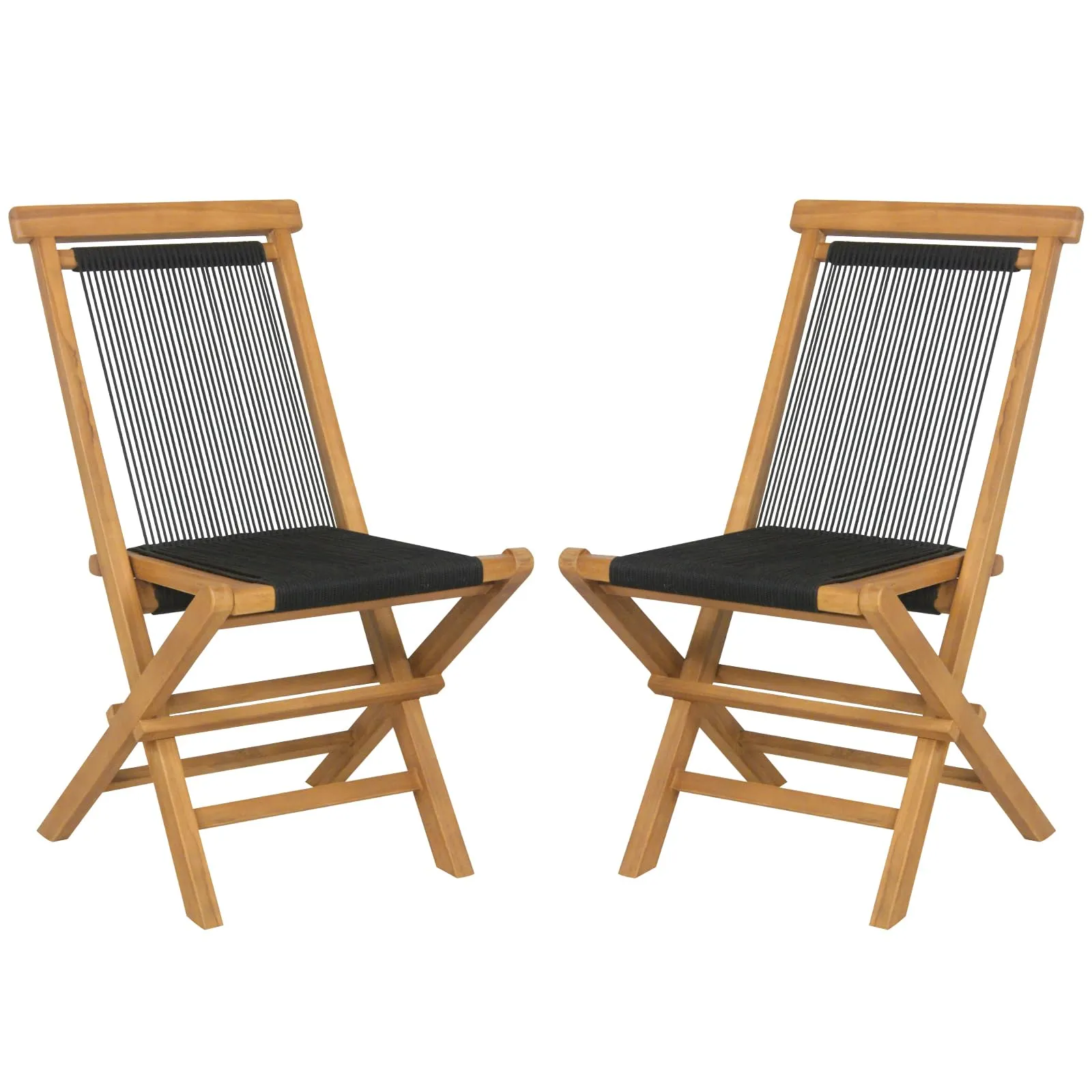 Tangkula 2 Piece Patio Folding Chairs, Solid Teak Wood Dining Chairs with Woven Rope Seat & Back