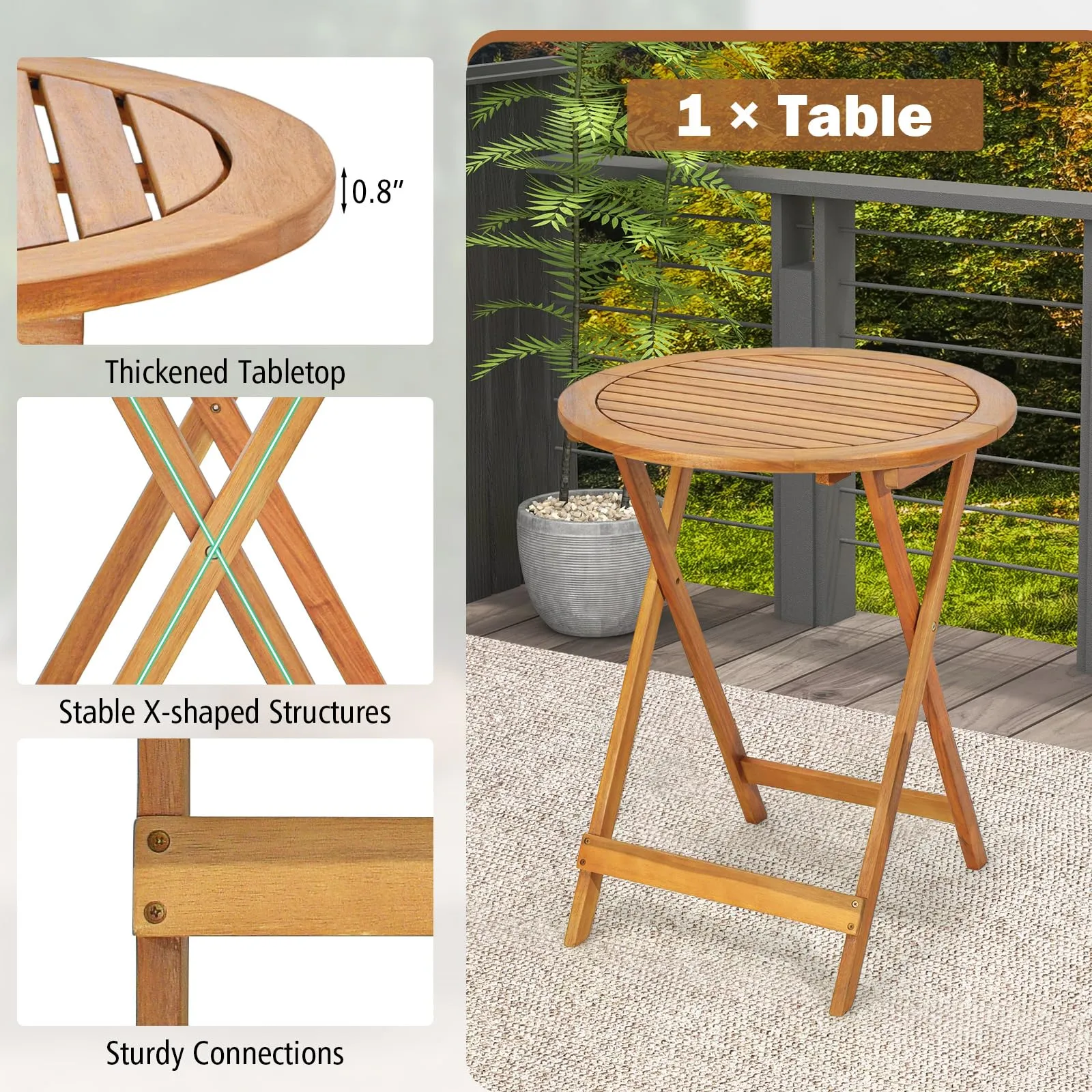 Tangkula 3 Pieces Folding Patio Bistro Set, Solid Acacia Wood Table and Chairs