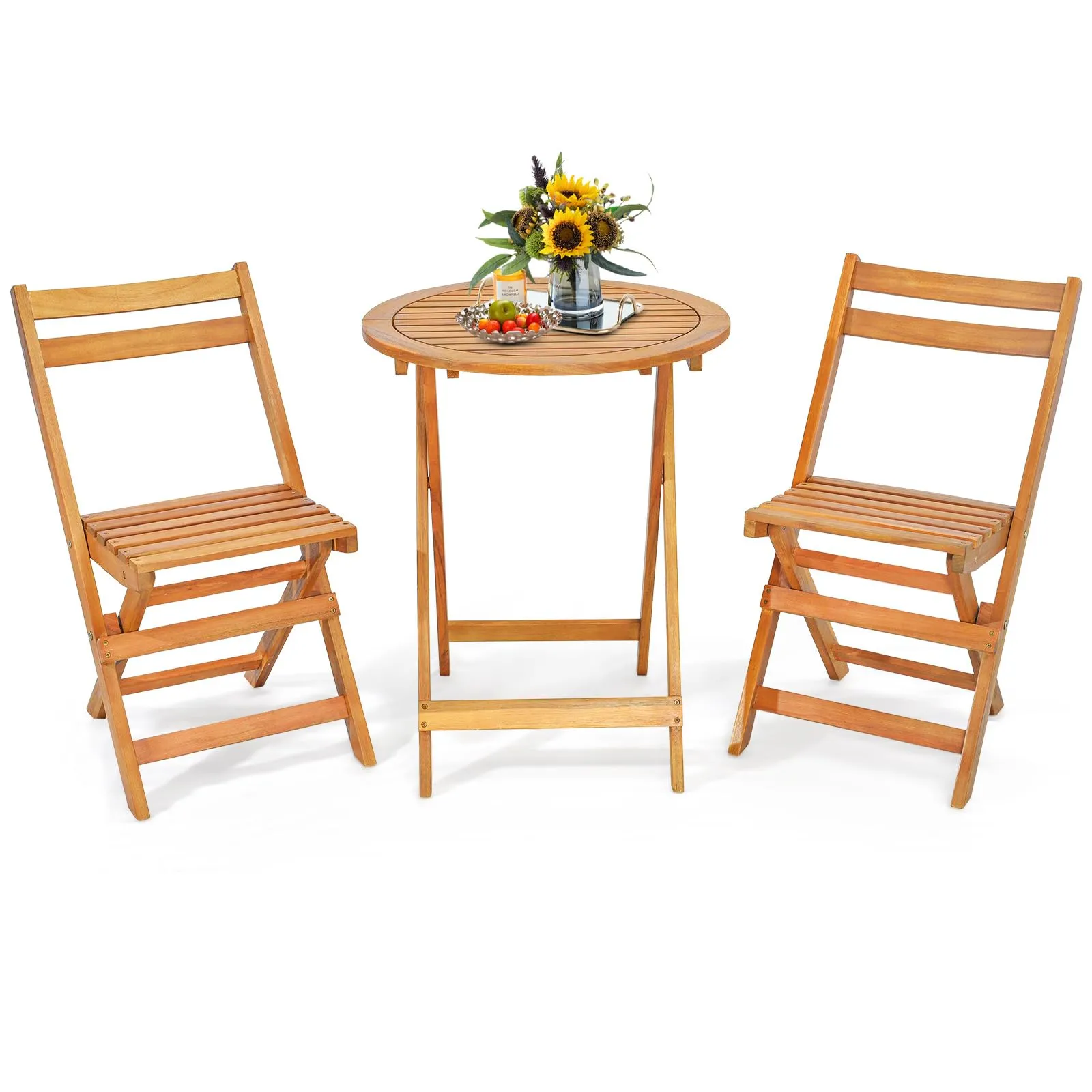 Tangkula 3 Pieces Folding Patio Bistro Set, Solid Acacia Wood Table and Chairs