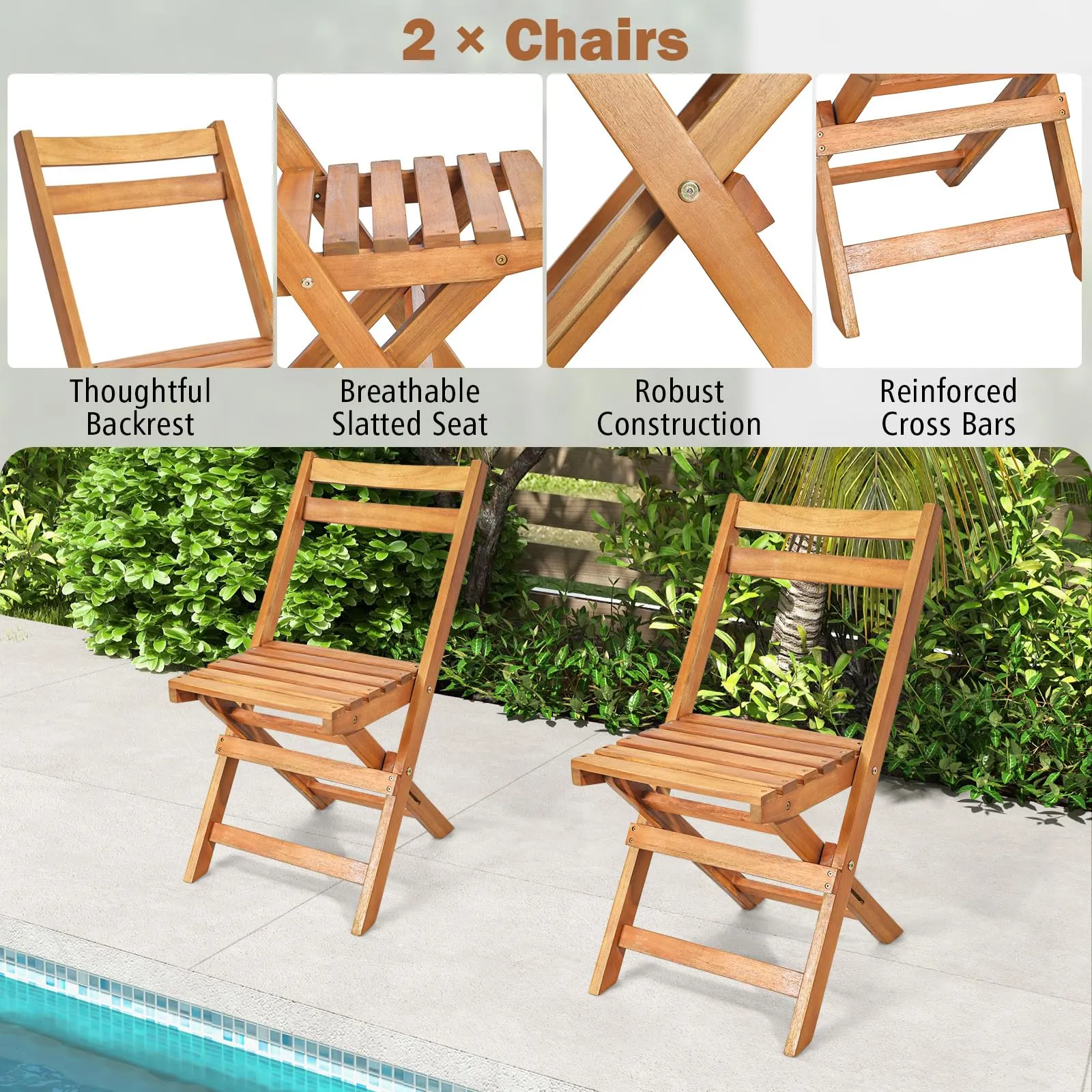 Tangkula 3 Pieces Folding Patio Bistro Set, Solid Acacia Wood Table and Chairs